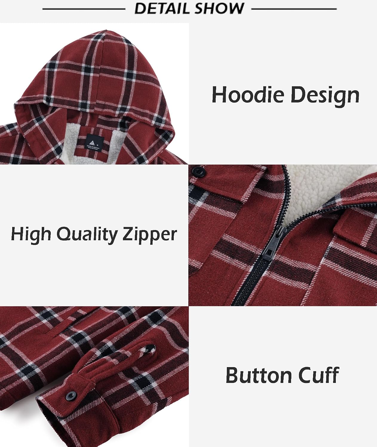 Detalle 1 de SCODI Men's Sherpa-Lined Flannel Shirt Jacket with Hood and Four Pockets