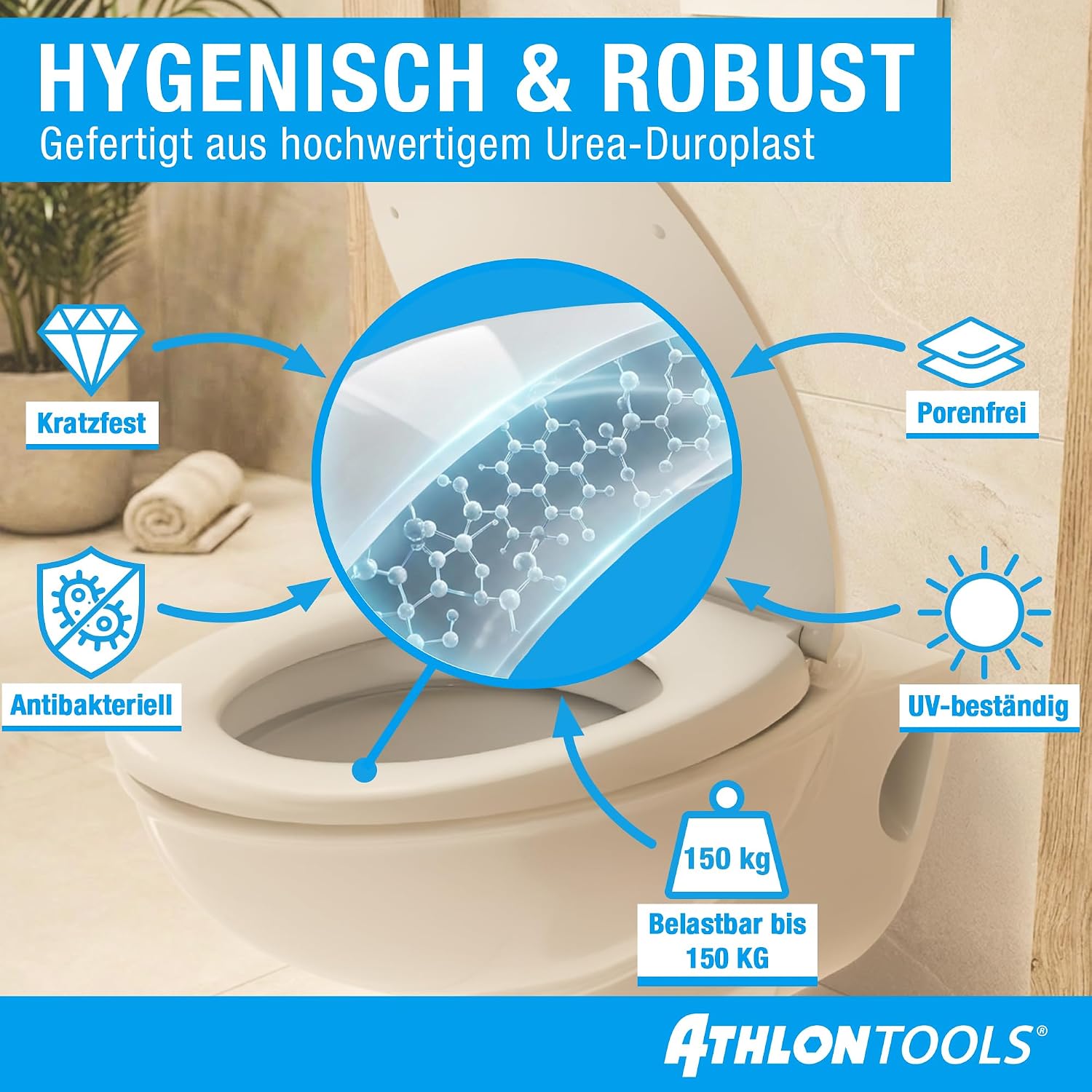 Detalle de ATHLON TOOLS Toilettendeckel mit Absenkautomatik O-Form – Soft-Close, Quick-Release und antibakterieller, kratzfester Klodeckel