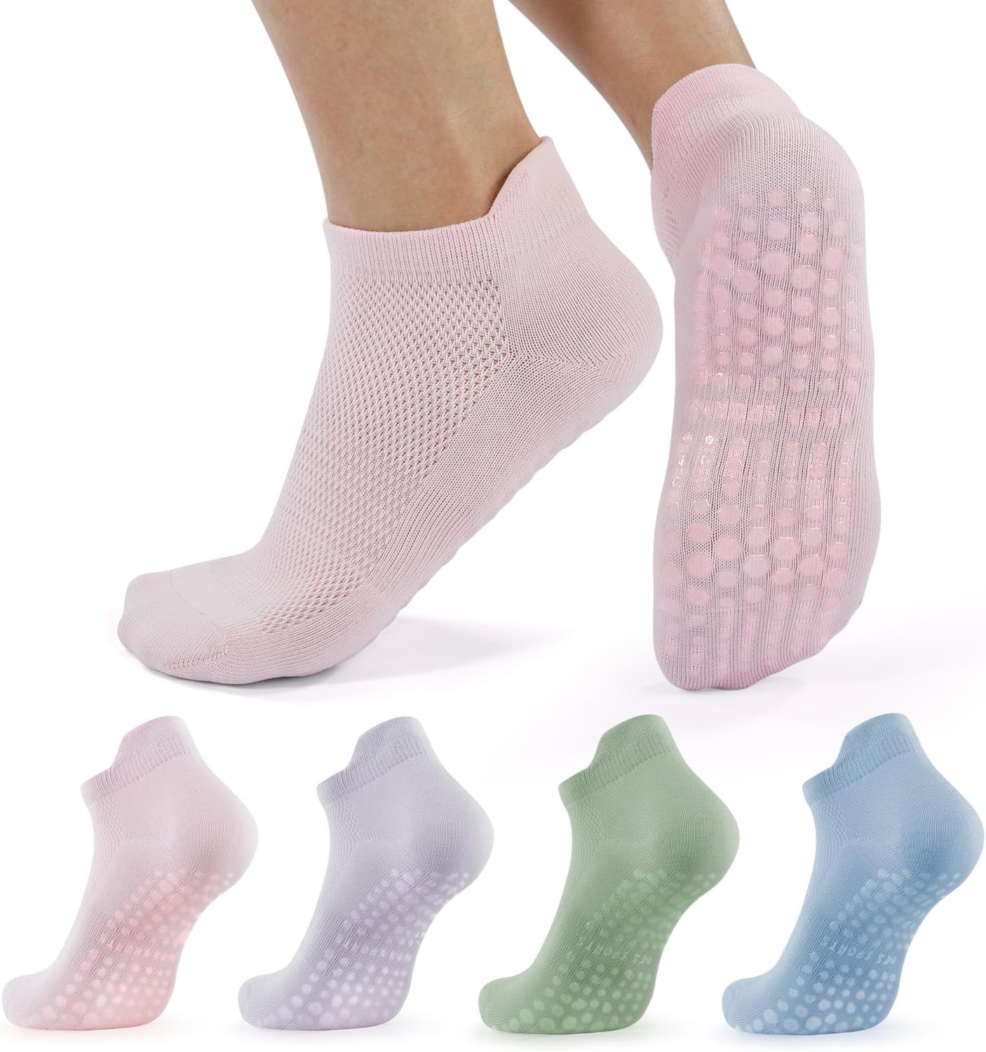 Detalle de BUDERMMY Pilates Socken Damen – 4 Paar rutschfeste Yoga-Socken aus Baumwolle