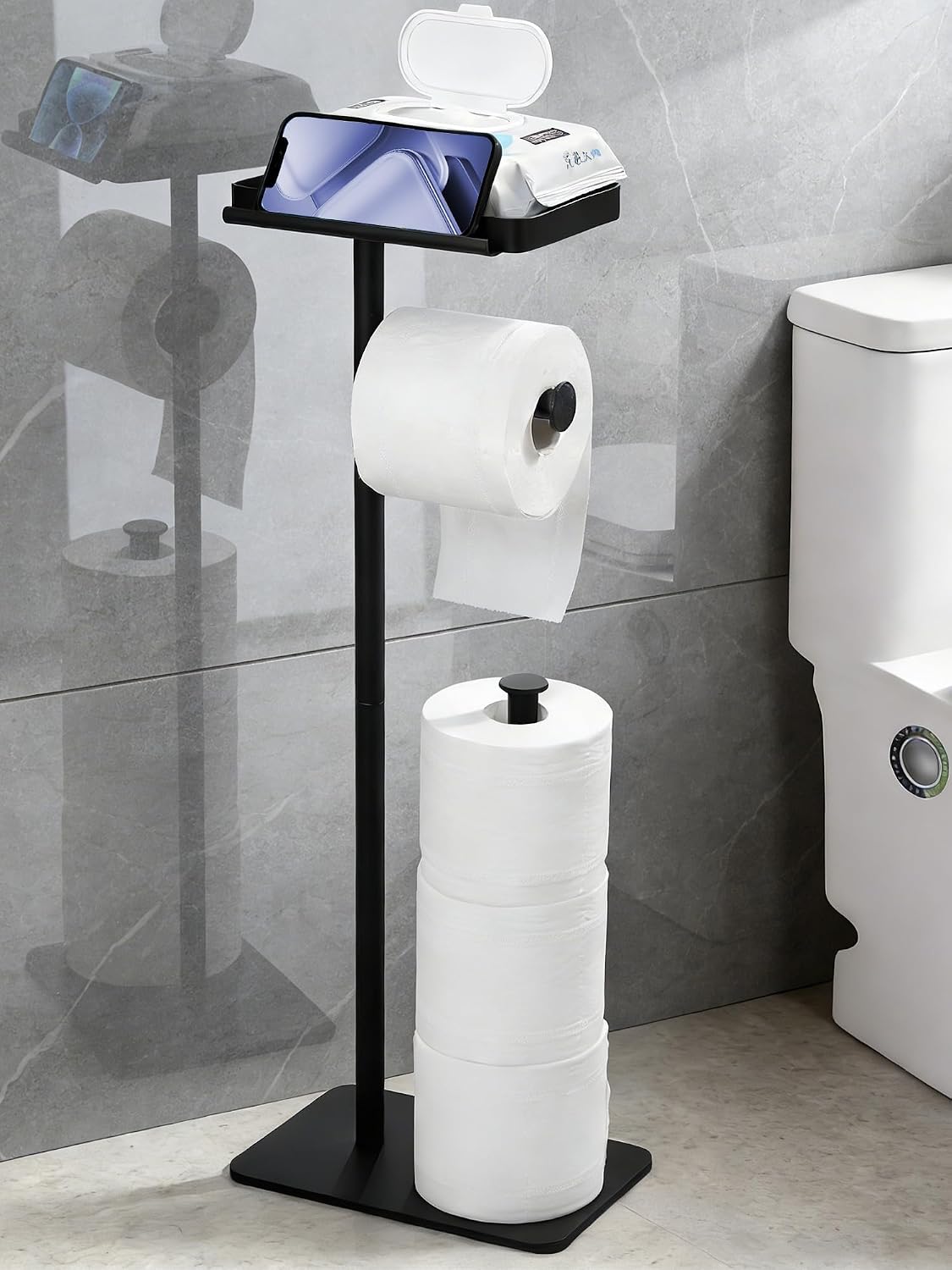 Detalle de ZUNTO Freestanding Toilet Roll Holder with Shelf – Matte Black, No Drilling, Holds 3 Rolls