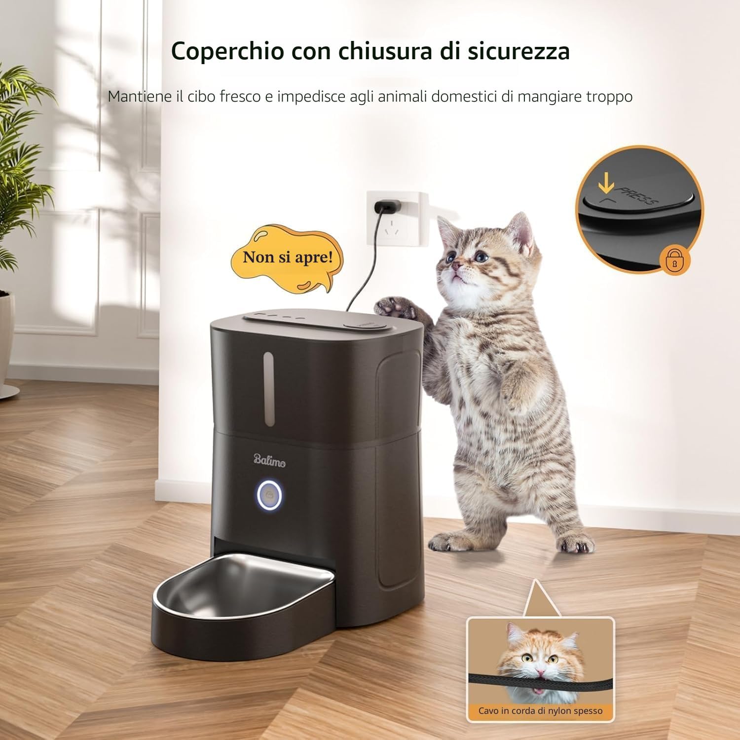 Detalle de Balimo Distributore Automatico di Cibo per Gatti e Cani, 3L, con App WiFi 2.4G, 10 pasti/giorno e ciotola in acciaio inox