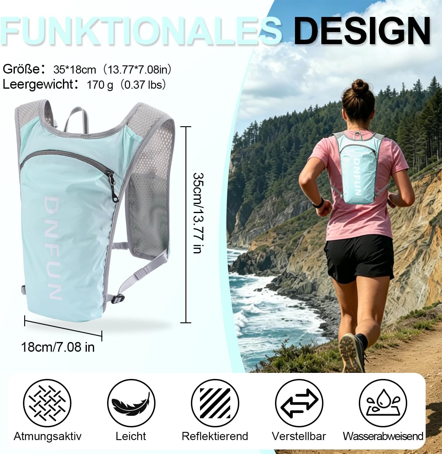 Detalle 2 de Laufweste Damen & Herren mit 1.500-ml-Trinkflasche – 5L Running Vest Trinkrucksack mit Handyhalterung