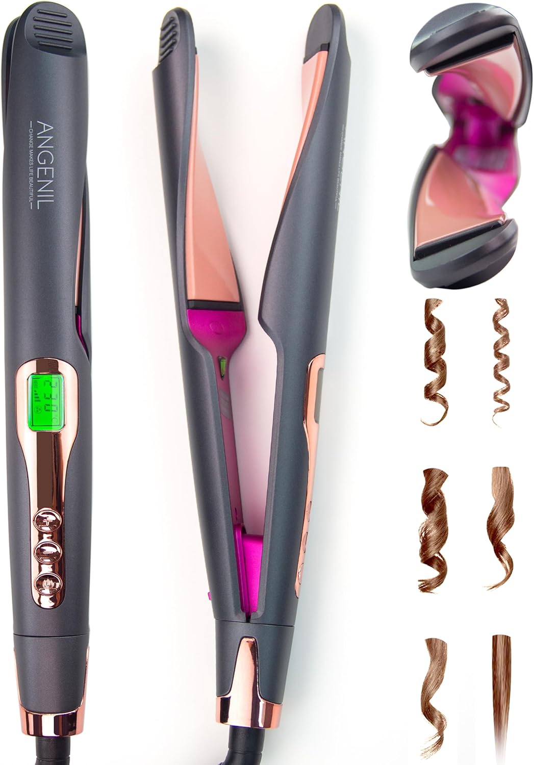Detalle de ANGENIL Pro Lisseur à cheveux Twist 2 en 1: fer à lisser et boucleur avec affichage LCD et double tension