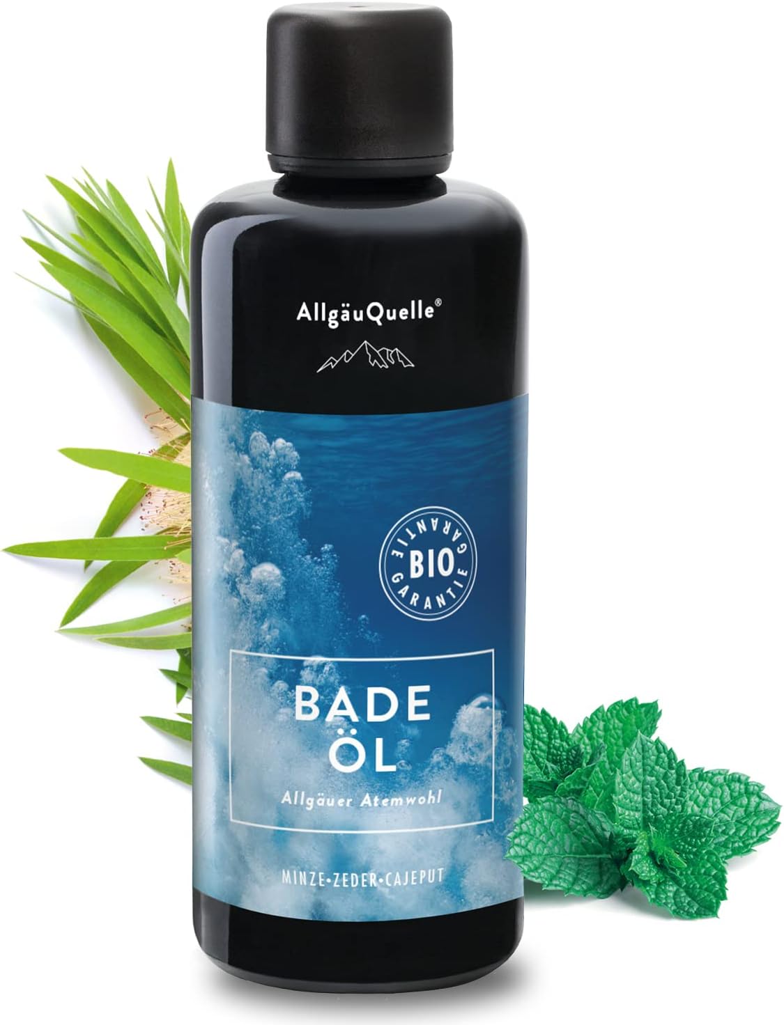 Detalle de AllgäuQuelle® BIO-Badeöl „Allgäuer Atemwohl“ mit Bio-Ölen (Jojoba, Minze, Zeder, Cajeput) – 100 ml