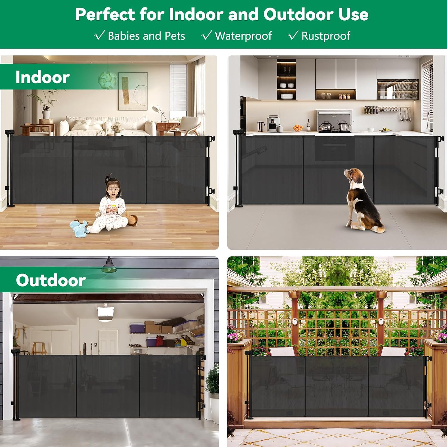 Detalle de KISKIZ 85-Inch Retractable Baby and Pet Gate, Reinforced Mesh, Black