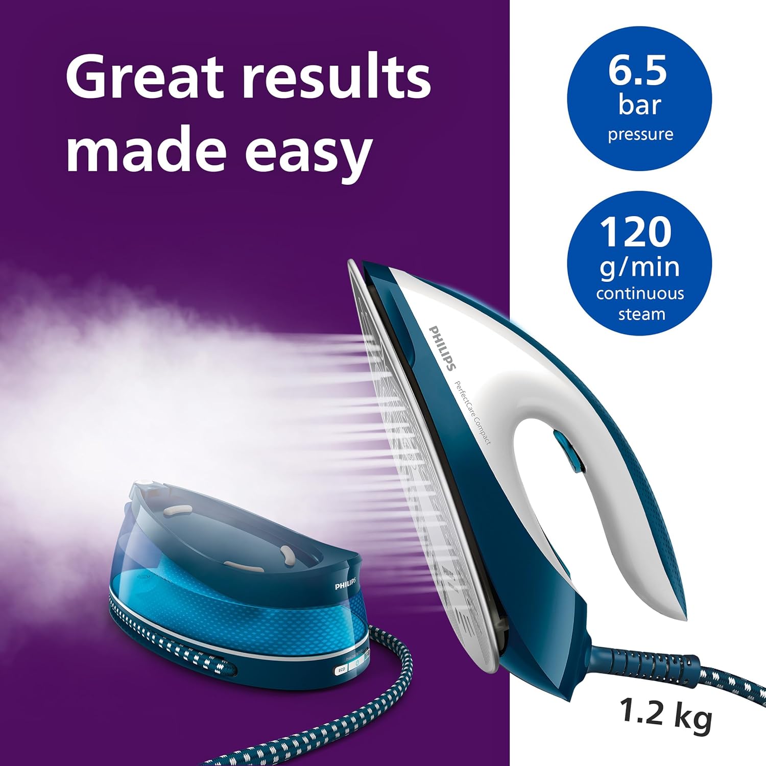 Thumbnail 2 de Philips PerfectCare Compact Steam Generator Iron GC7840/26 with 1.5L tank, OptimalTEMP and ECO mode