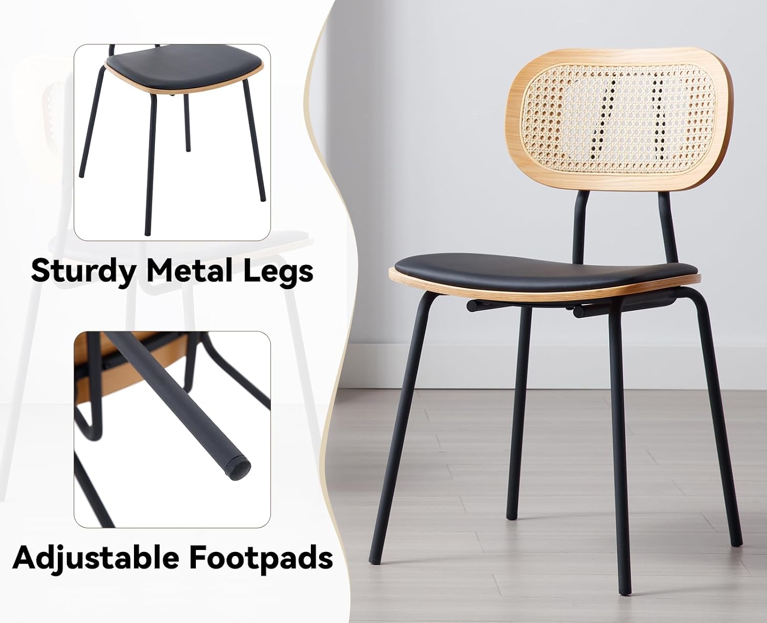 Thumbnail 5 de chairus Lot de 2 chaises de salle à manger sans accoudoirs en cuir synthétique et dossier en rotin – Noir