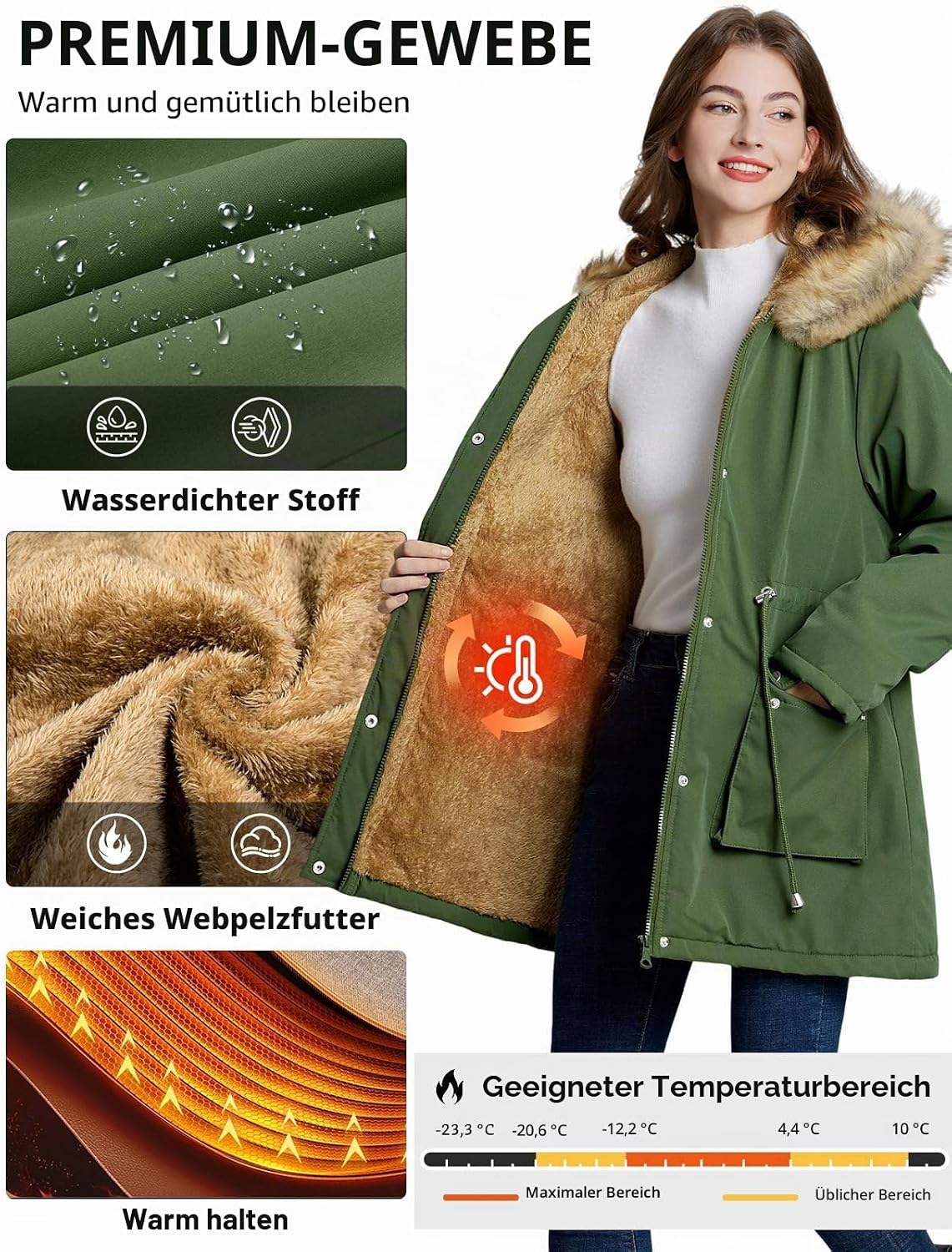 Thumbnail 2 de Xnova Damen Wintermantel Parka Fleece Gefüttert – mittellang, winddicht, wasserabweisend mit Kapuze