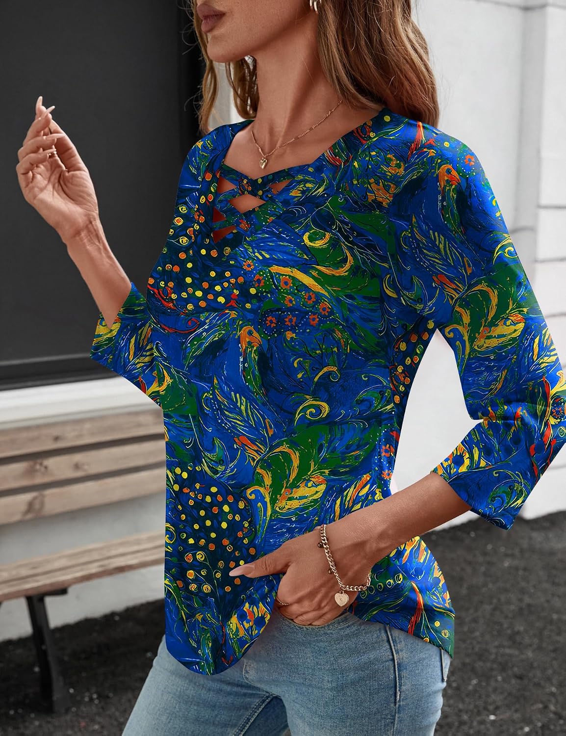 Detalle de Rapbin Women's Dressy Casual 3/4 Sleeve V-Neck Cross Tee