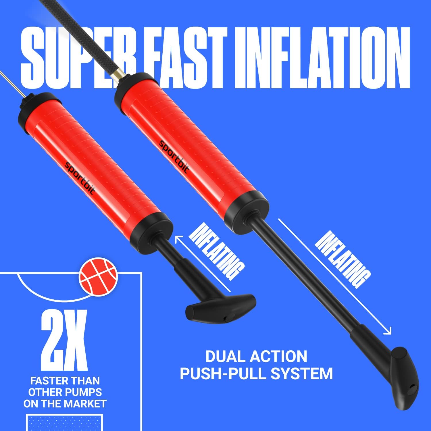 Detalle 2 de SPORTBIT Basketball Pump, Red Plastic Hand Pump with Extension Hose and Ball Accessories