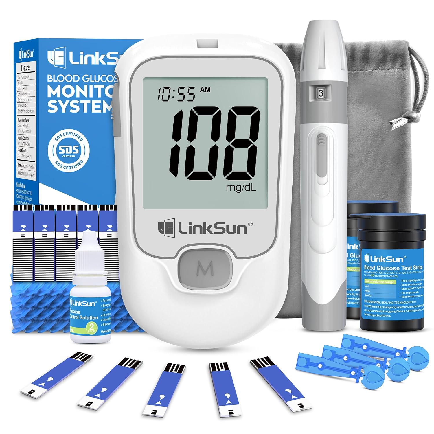 LinkSun G-425-1 Blood Glucose Monitor Kit with Large Display and 100 Strips