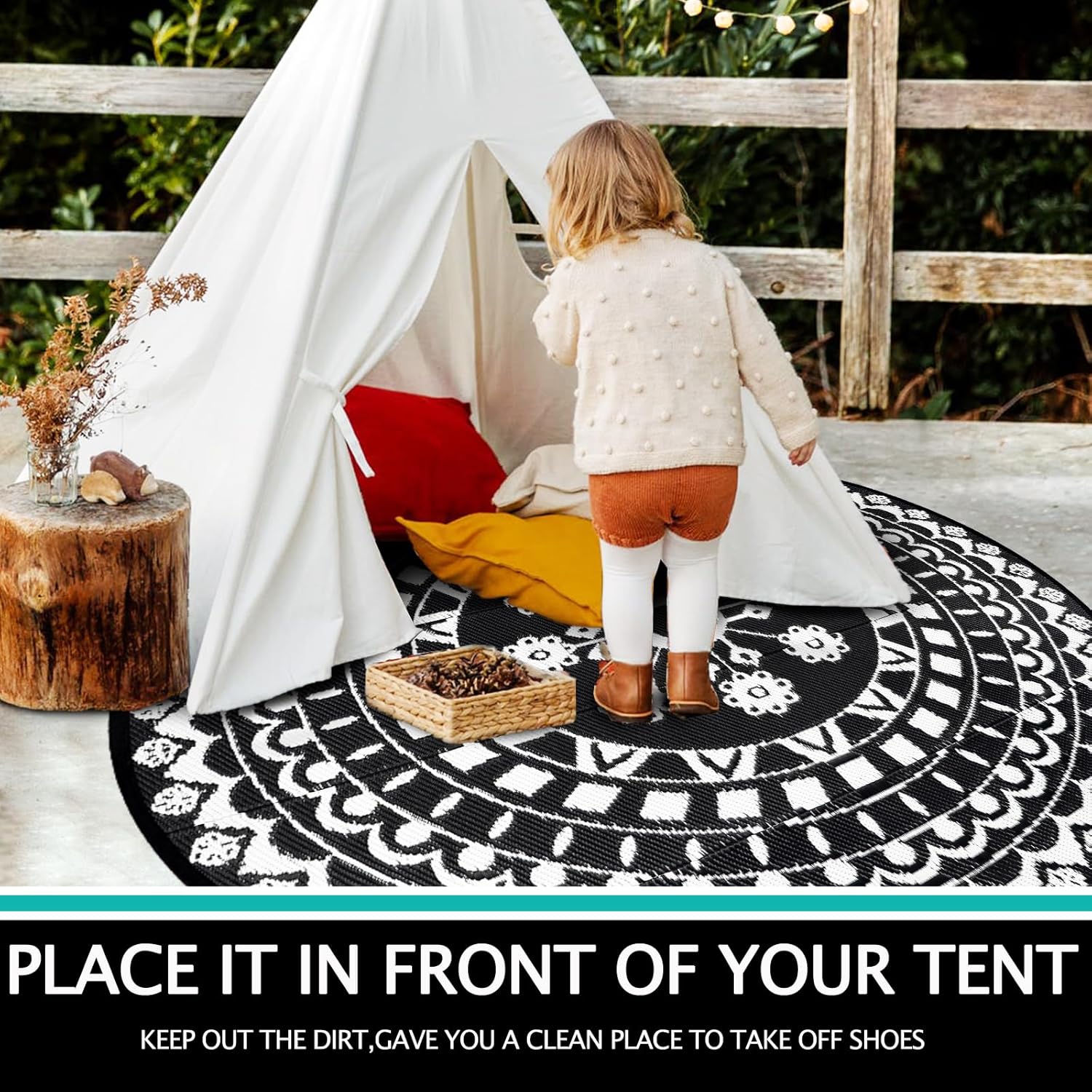 Thumbnail 5 de Capslpad 150cm Round Outdoor Rug (Reversible, Waterproof, Plastic Straw) for Patio, RV & Camping