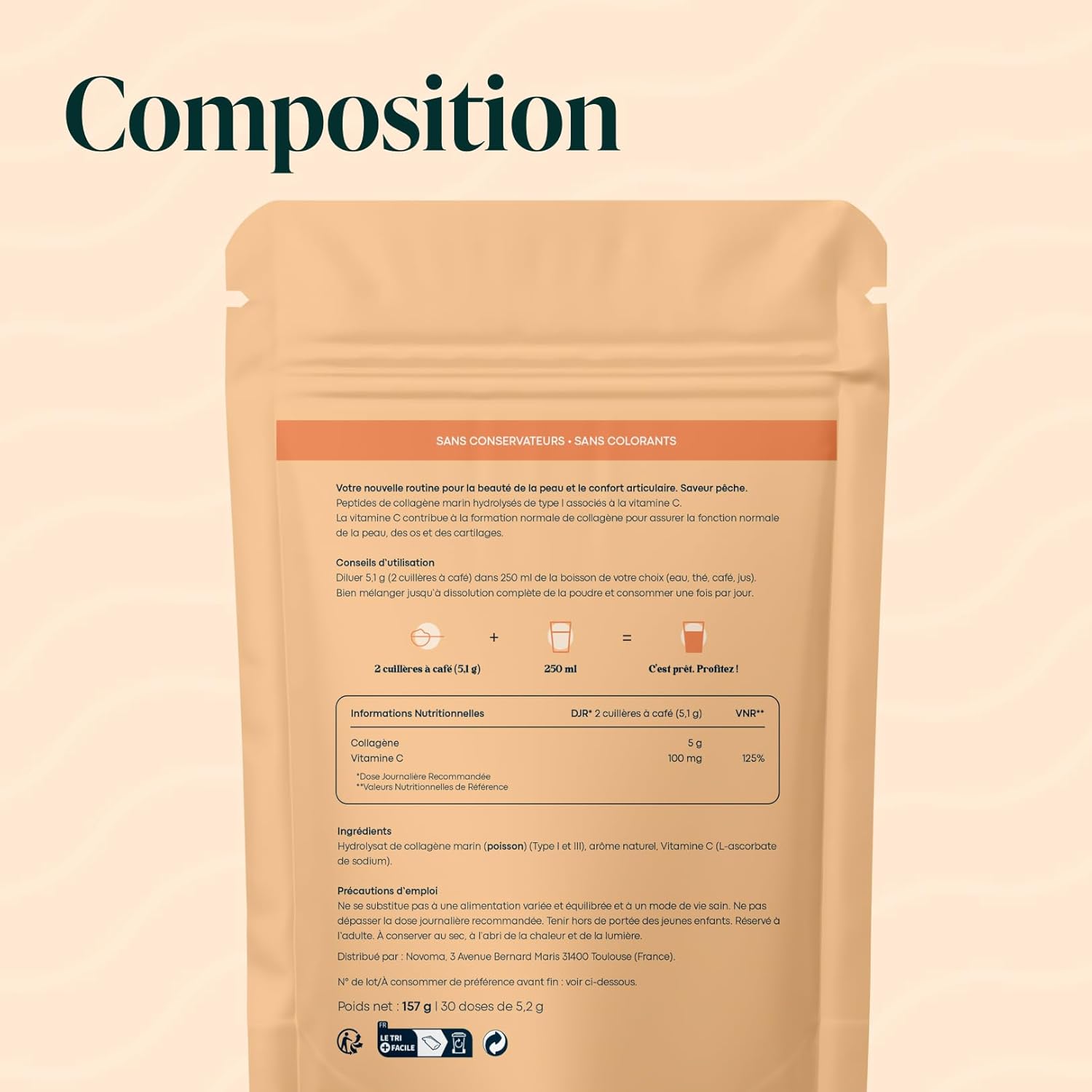 Thumbnail 6 de Collagene Marin Type 1 & 3 Essentials by Novoma (saveur pêche) — poudre hydrolysée à peptides 2000 DA