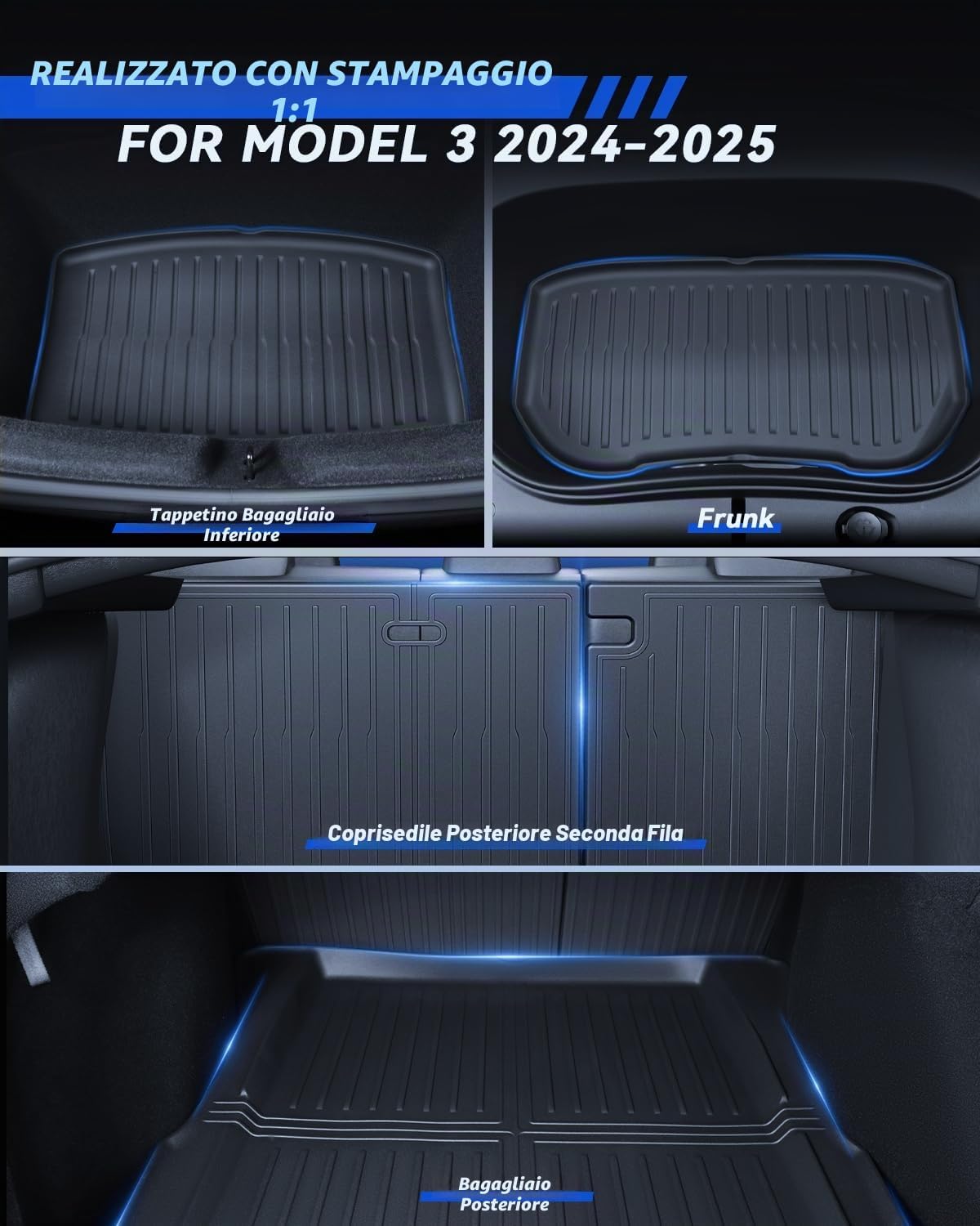 Detalle de LANTU Tappetini 8 pezzi per Tesla Model 3 2024-2026: protezione totale in TPE, 3 strati e bordo alto
