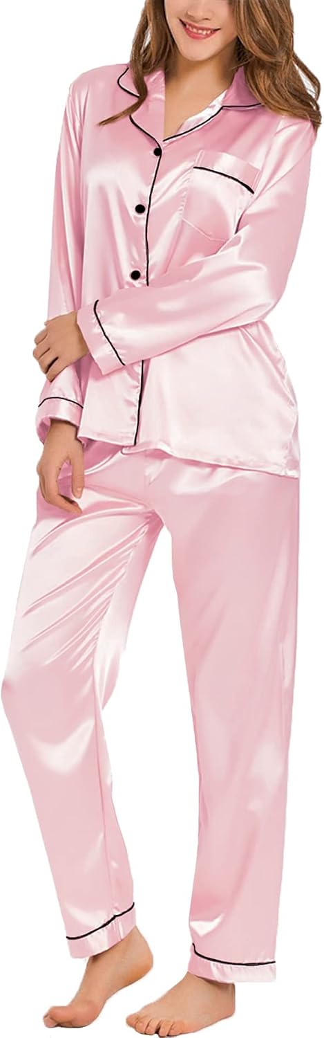 Detalle de SWOMOG Women's Silk Satin Long Sleeve Two-Piece Pyjama Set