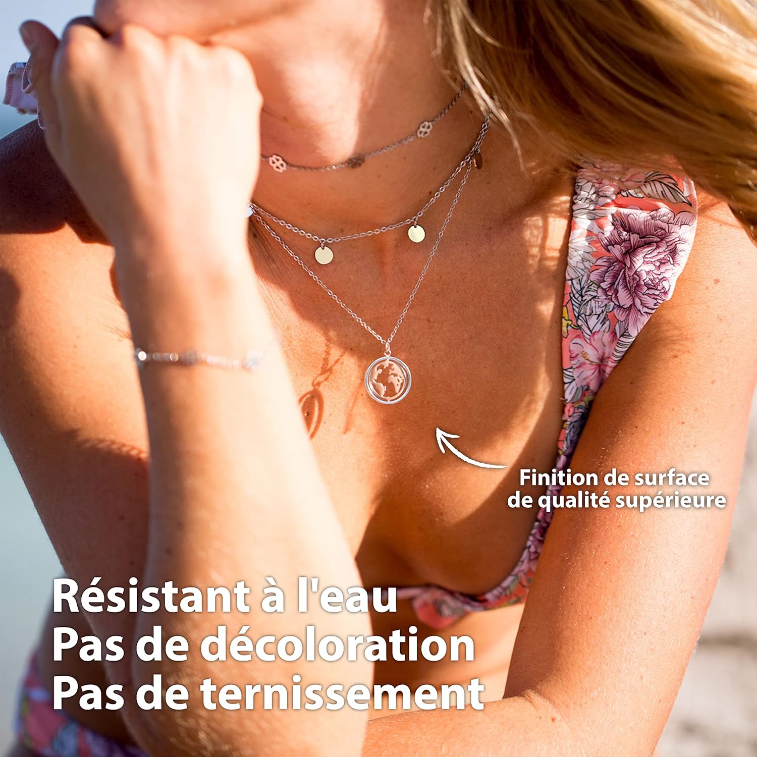 Thumbnail 3 de BONNYBIRD Collier en acier inoxydable pour femme carte du monde à pendentif rotatif