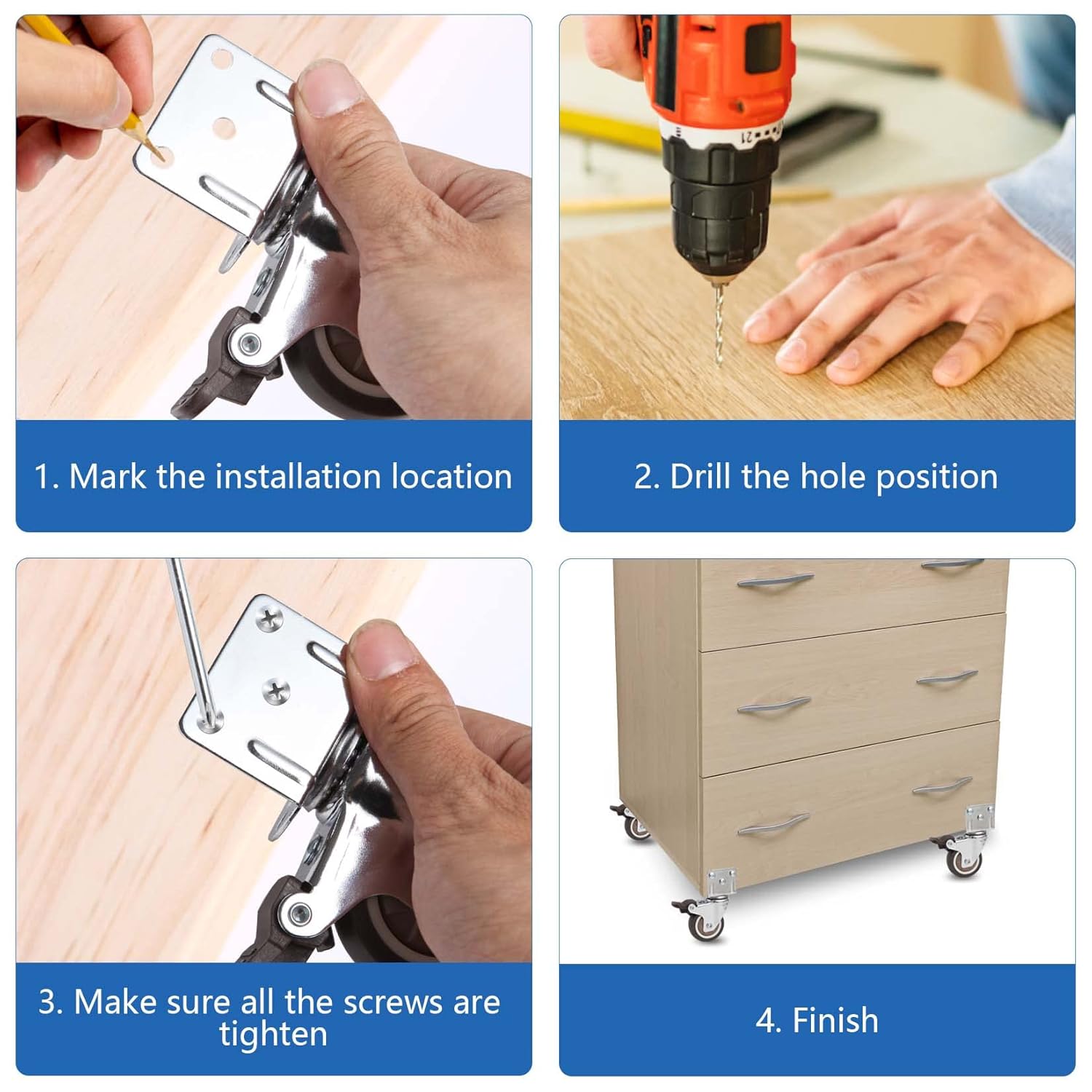 Thumbnail 6 de W B D WEIBIDA ruote girevoli pesanti da 50 mm con 4 freni e piastra di montaggio per mobili (portata fino a 270 kg) – set da 4