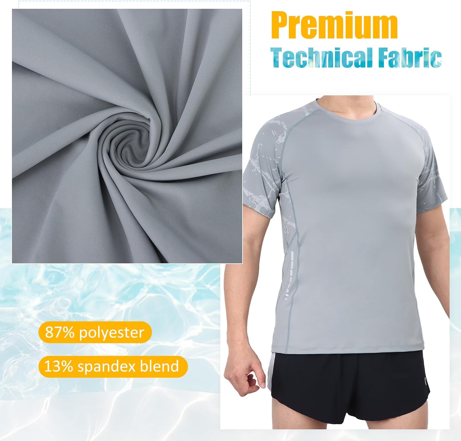 Detalle 2 de LY4U Homme UPF 50 Rash Guard à Manches Courtes — Maillot de Bain et T‑Shirt de Sport, Séchage Rapide