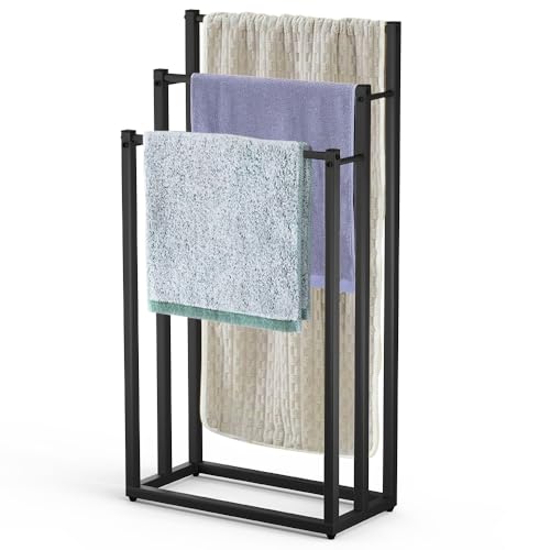 Detalle de VOUNOT Porta Asciugamani Bagno da Terra con 3 Bracci, Nero, 45x22x86 cm