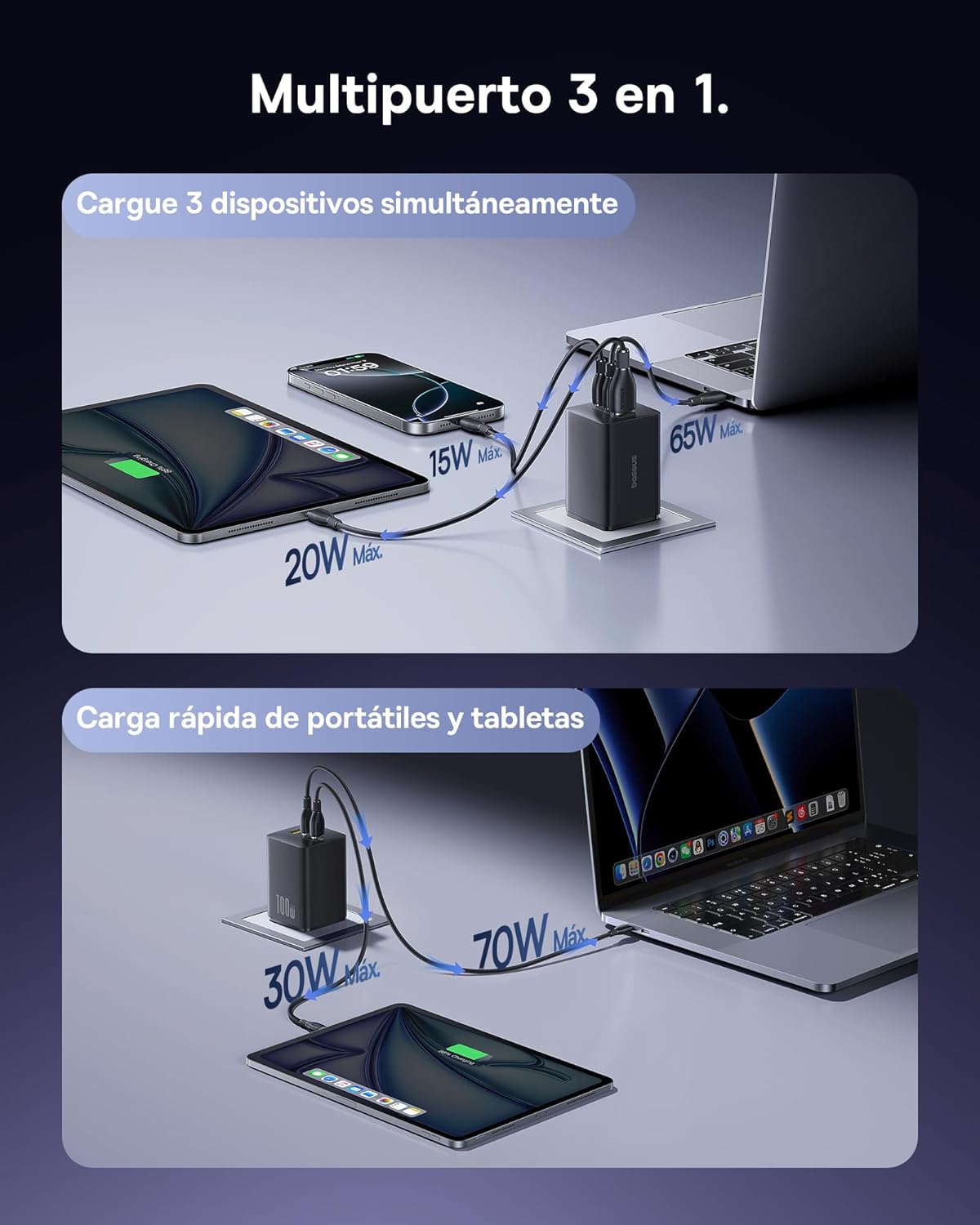 Detalle de Baseus Enerfill 100W Cargador USB-C con 3 puertos ⚡
