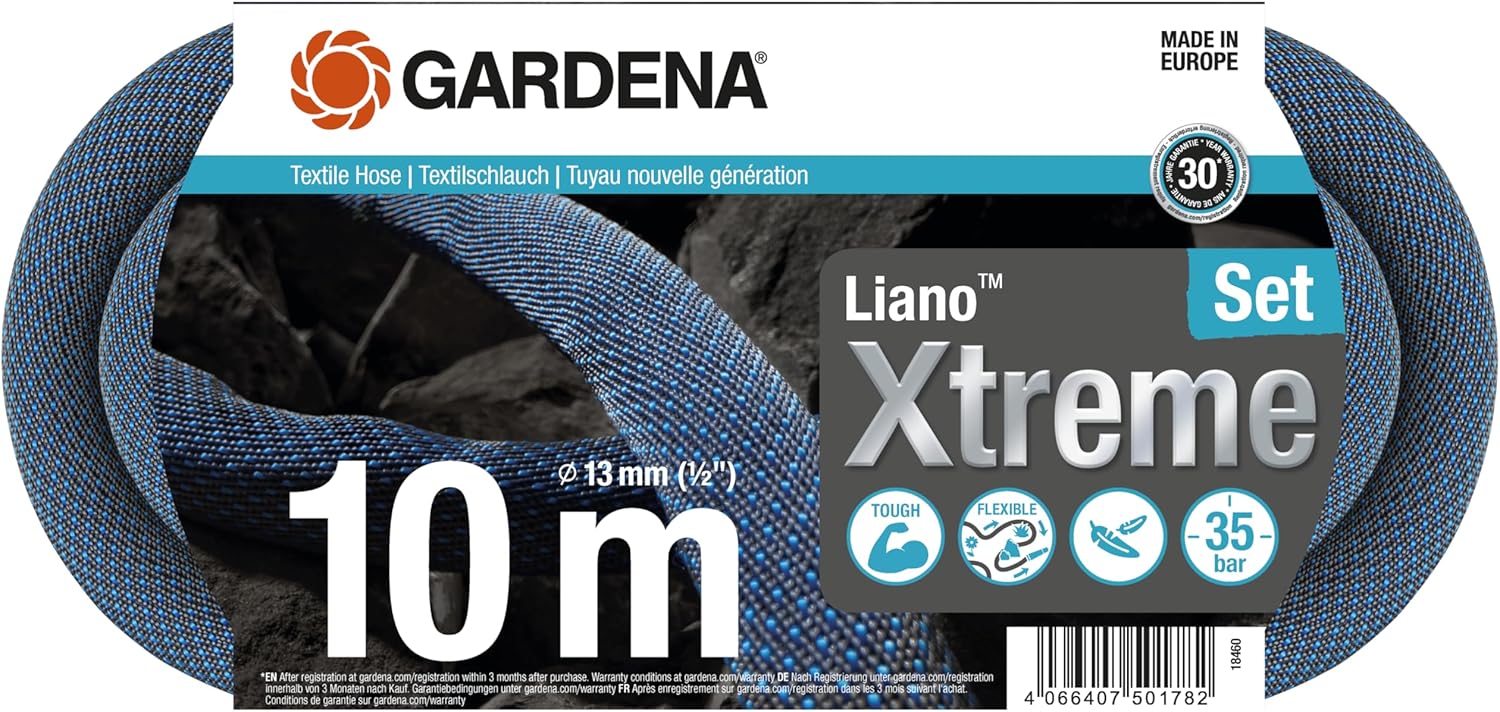 Detalle de Gardena Liano Xtreme 10 m Set – robuster Textil-Gartenschlauch 1/2 Zoll mit PVC-Innenschlauch (18460-20)