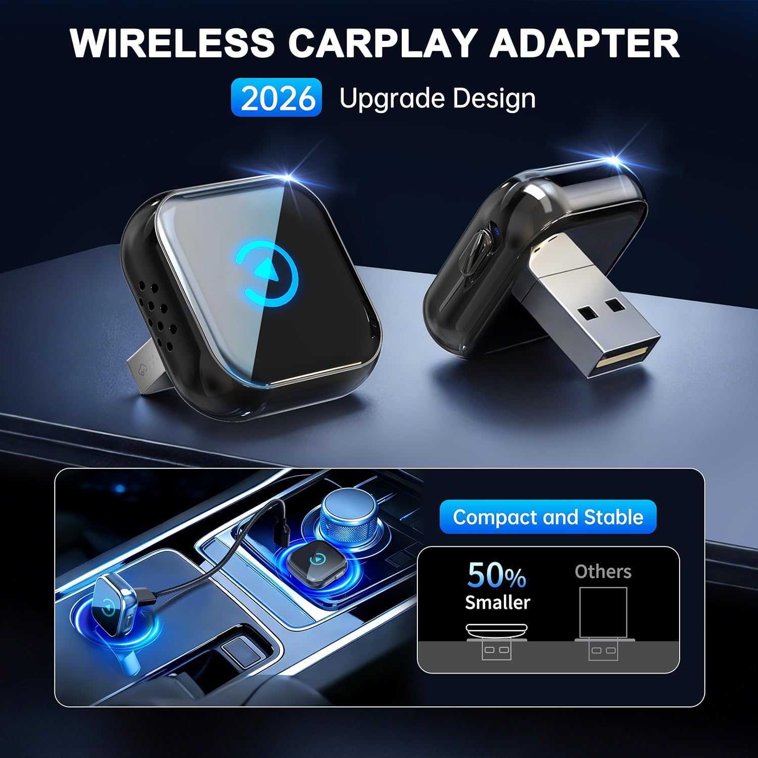 Detalle 2 de 2026 Verbesserter 2-in-1 CarPlay Wireless Adapter – Plug & Play, Dual-Band Wi‑Fi, Bluetooth 5.3