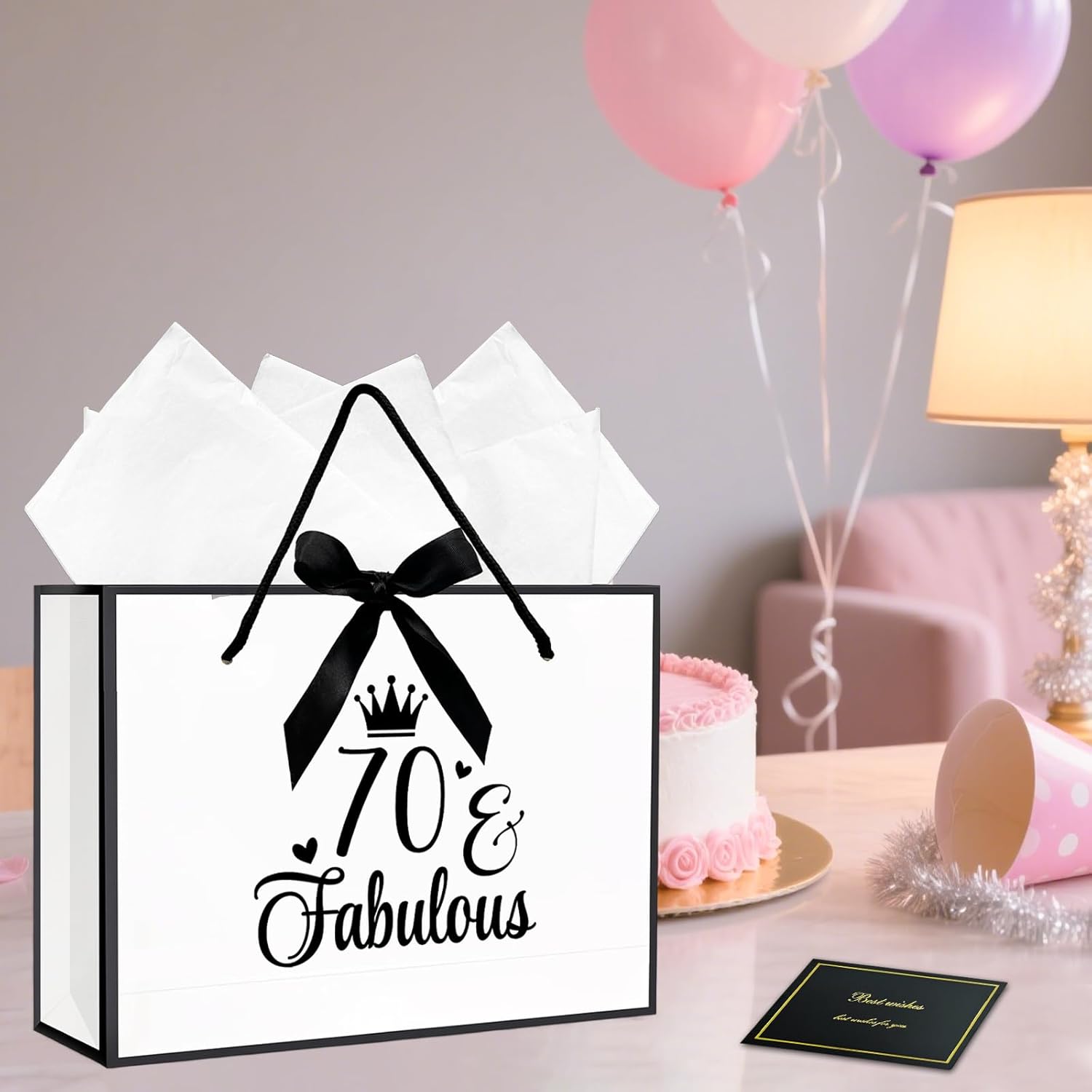 Thumbnail 4 de 70th Birthday Gift Bag Set with Wrapping Paper and Card (White) – 70th Birthday Party Favour Presentation