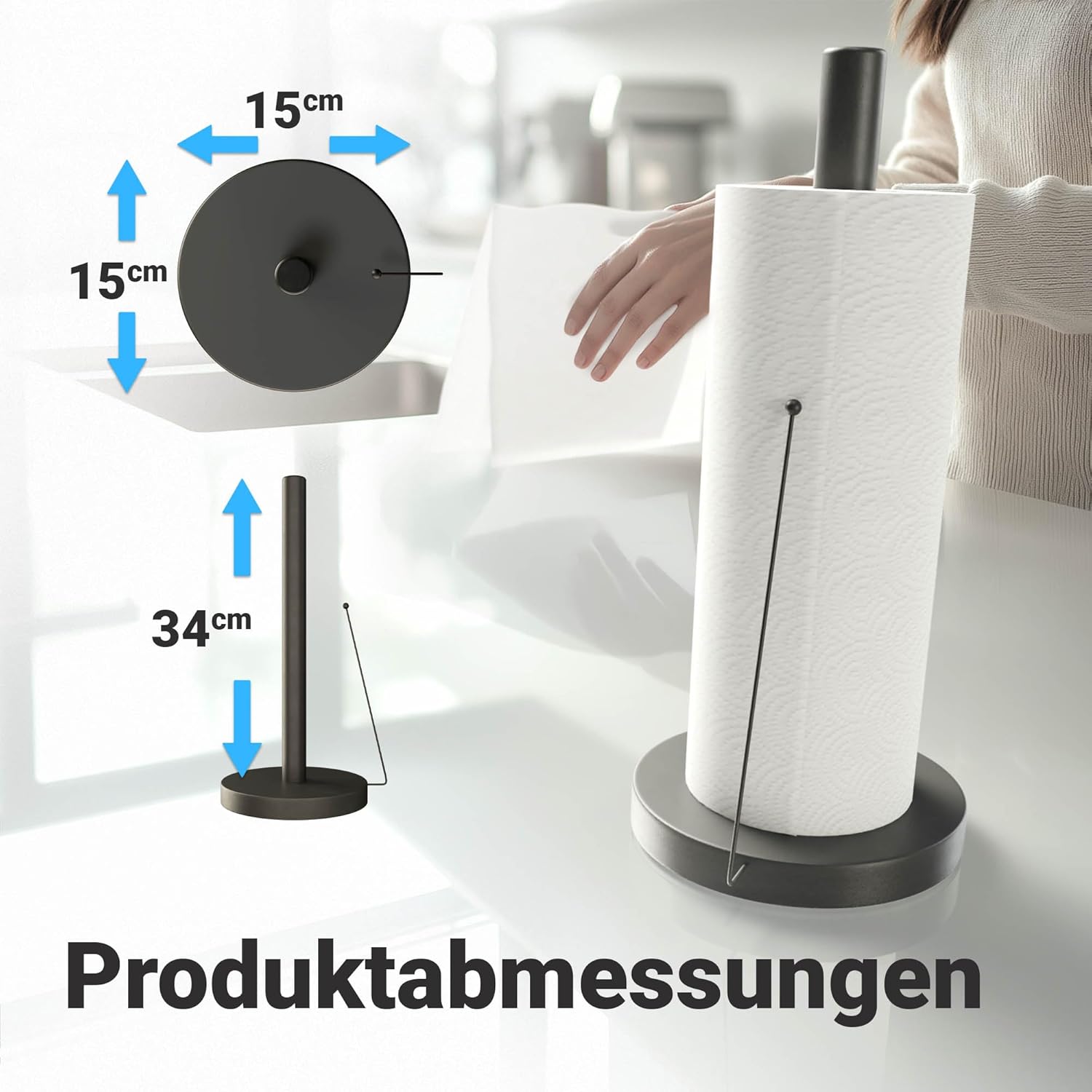 Detalle 2 de Minismus Küchenrollenhalter Stehend – Anti-Roll Arm, stabiler Stand, ohne Bohren (Schwarz)