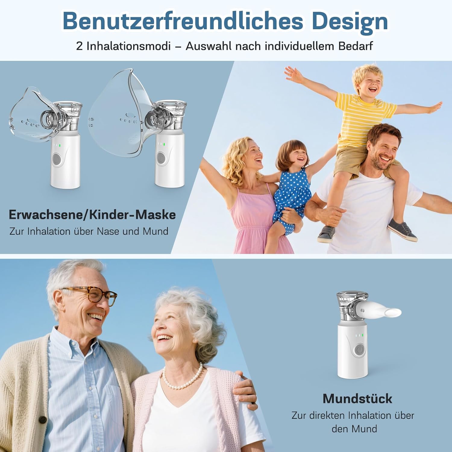 Detalle de Tragbares Nigecue Inhalationsgerät (Vernebler-Set) mit Mundstück, 2 Masken und USB-C Akku