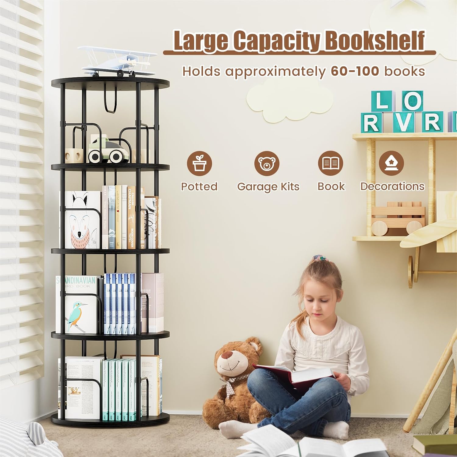 Thumbnail 3 de ALLSTAND SM1272DZUSBL4 Rotating Bookshelf, 4 Tiers, 360° Black