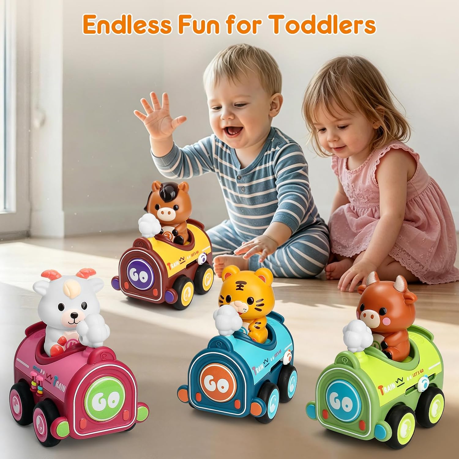 Thumbnail 6 de MOONTOY Magnetic Press-to-Go Animal Cars, 4-Piece Set with Finger Puppets