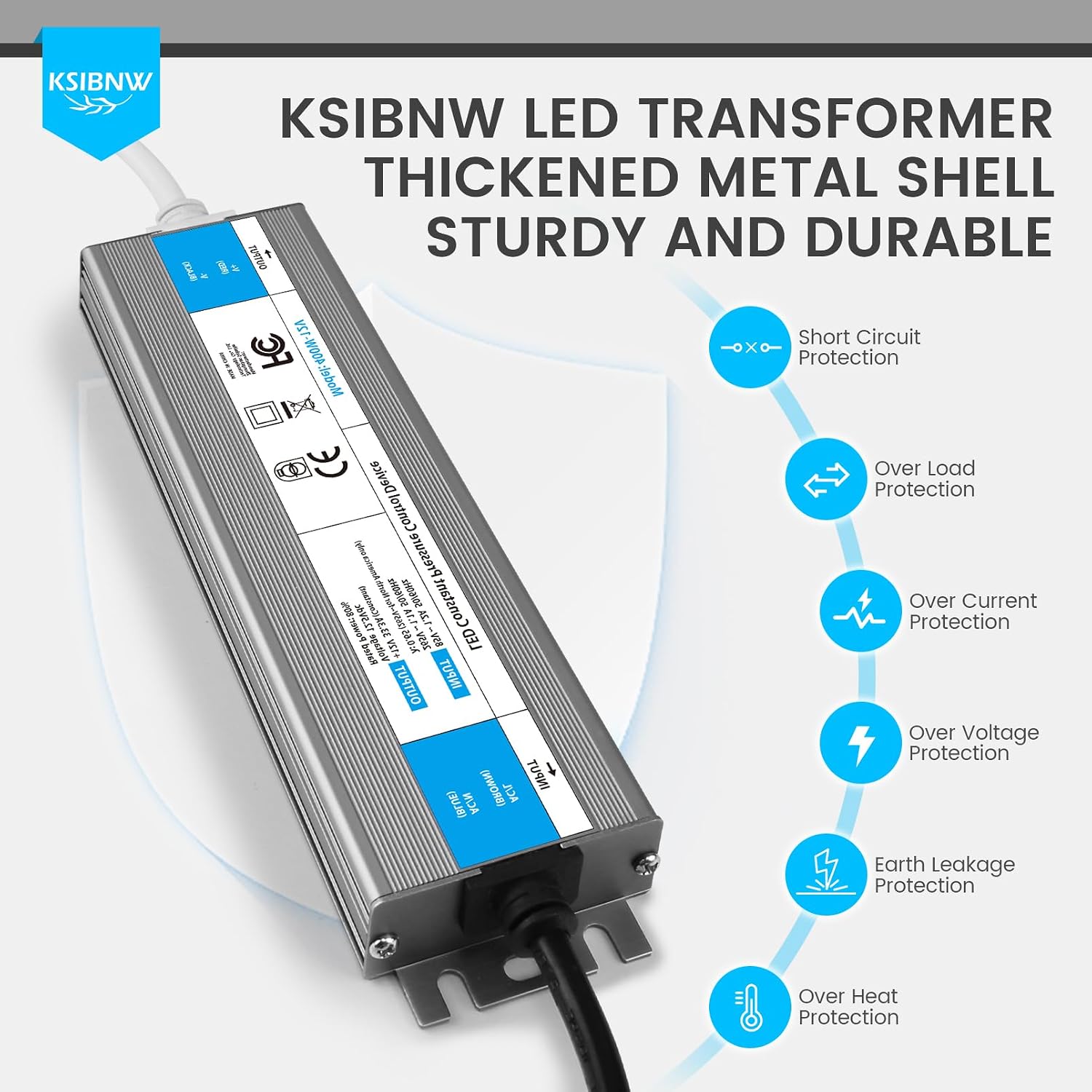 Detalle de KSIBNW Trasformatore LED 12V 36W (IP67) con driver esterno e spina UE, ingresso AC 85–265V