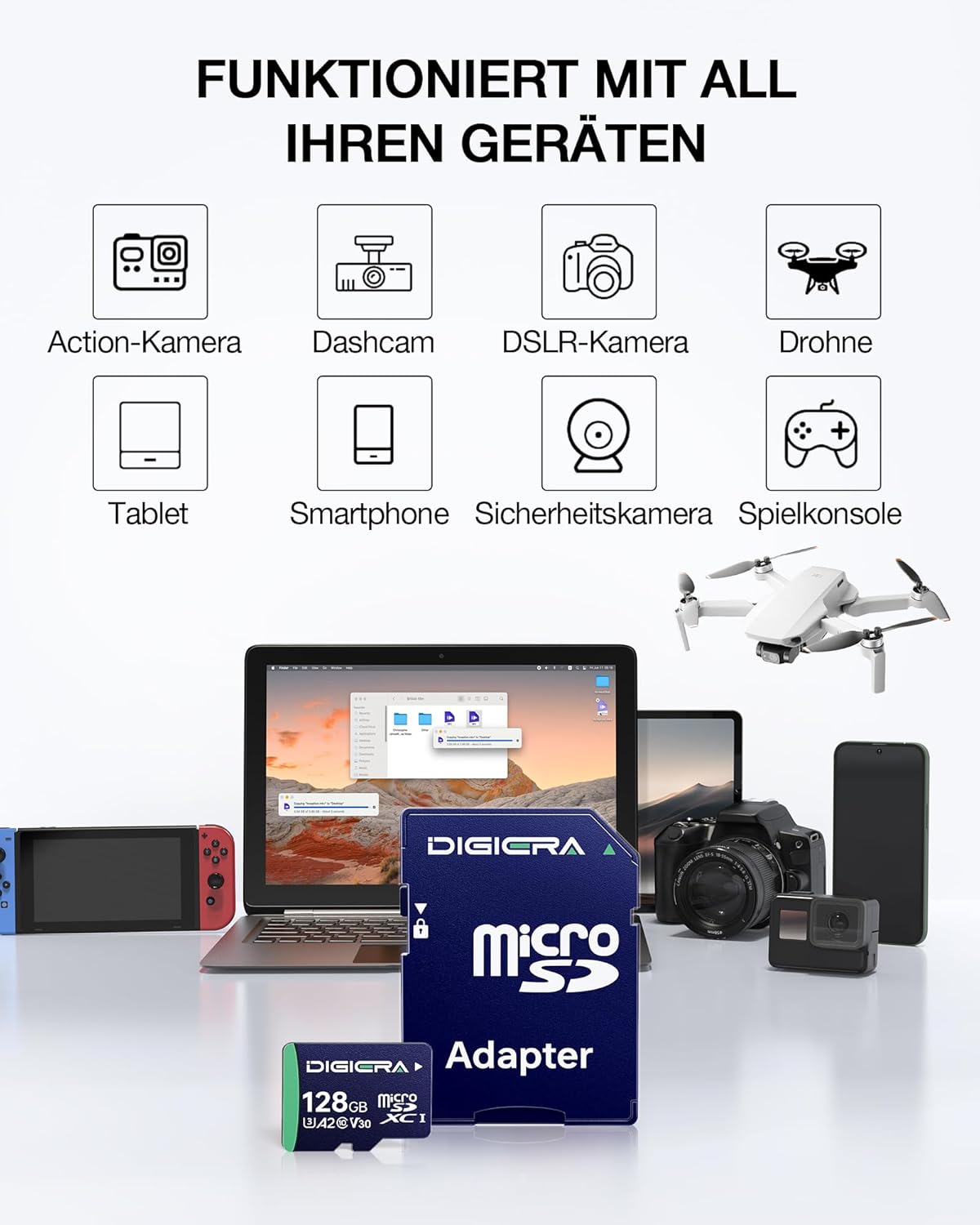 Detalle de DIGIERA 128 GB microSDXC CT100 mit Adapter – UHS‑I, C10, U3, V30, A2, Full HD, kompatibel mit Smartphones, Kameras und mehr