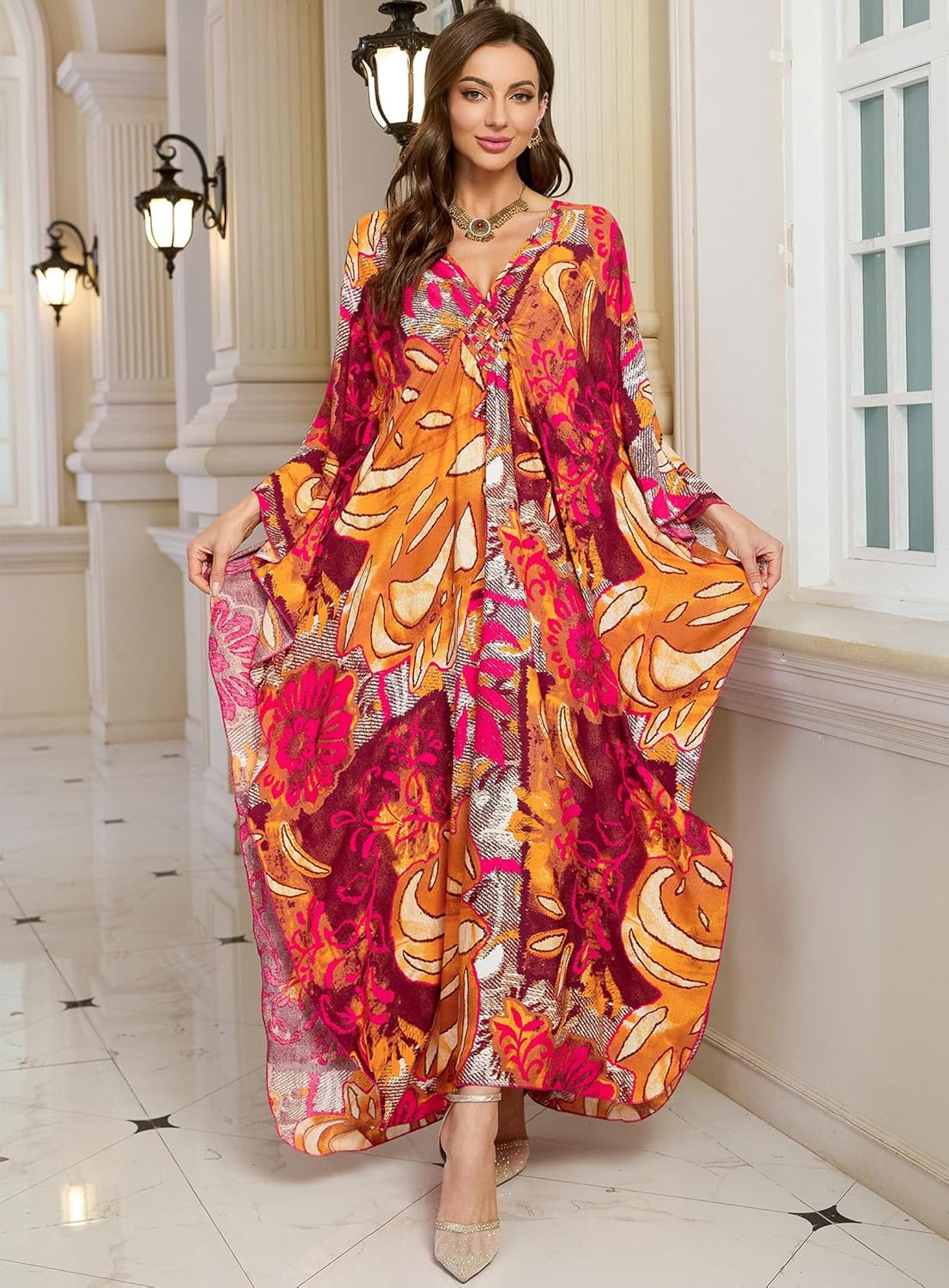 Detalle 2 de Yanziliu Plus Size Kaftan Dress: Floral V-Neck Beach Cover Up