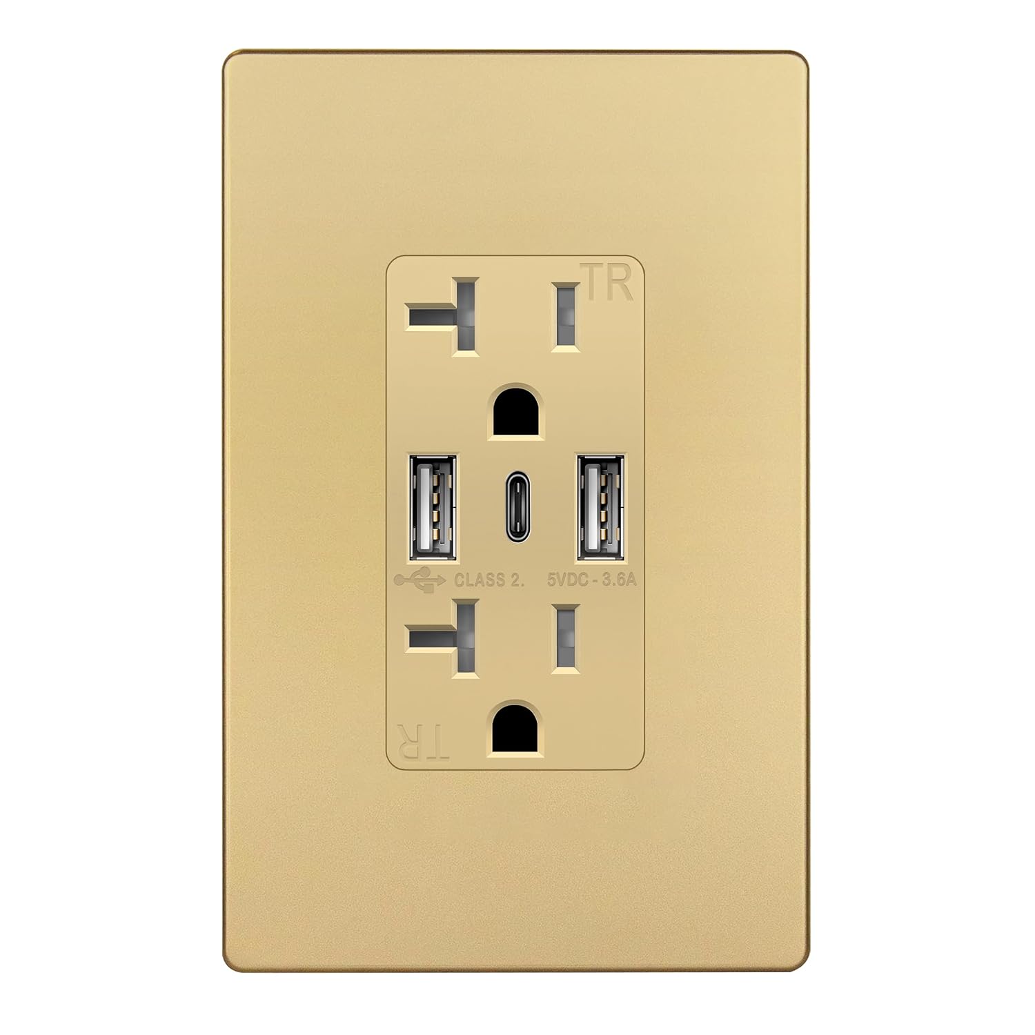 Detalle de TOPGREENER TU22036AC3-GDWSI 3-Port USB-C & USB Wall Outlet (20 Amp, Tamper-Resistant) with Gold Faceplate