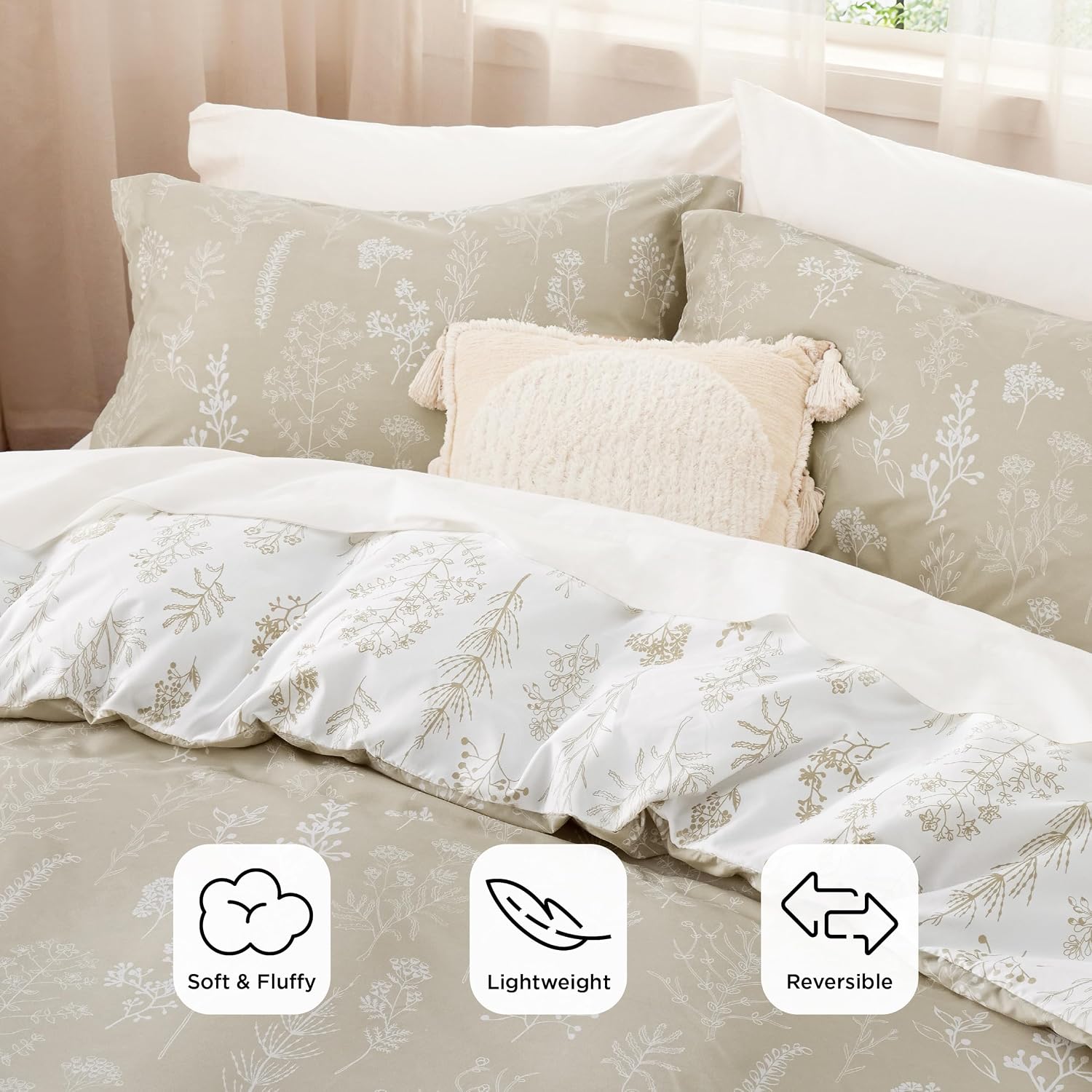 Detalle de Bedsure Floral Comforter Set, King Reversible Bedding with Down-Alternative Fill