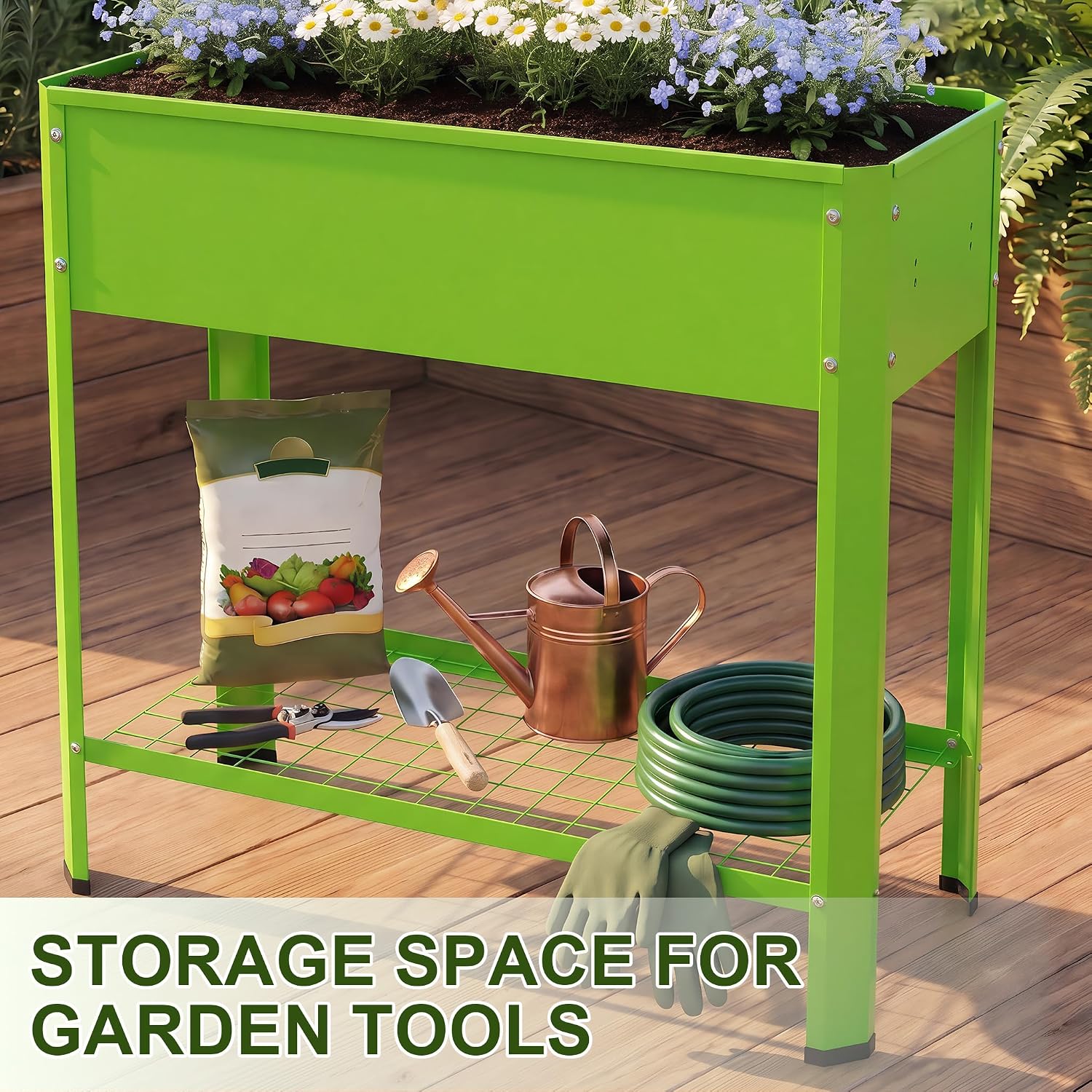 Detalle 2 de UISEBRT Raised Bed with Shelf, Green Metal Planter, 80 x 35 x 80 cm