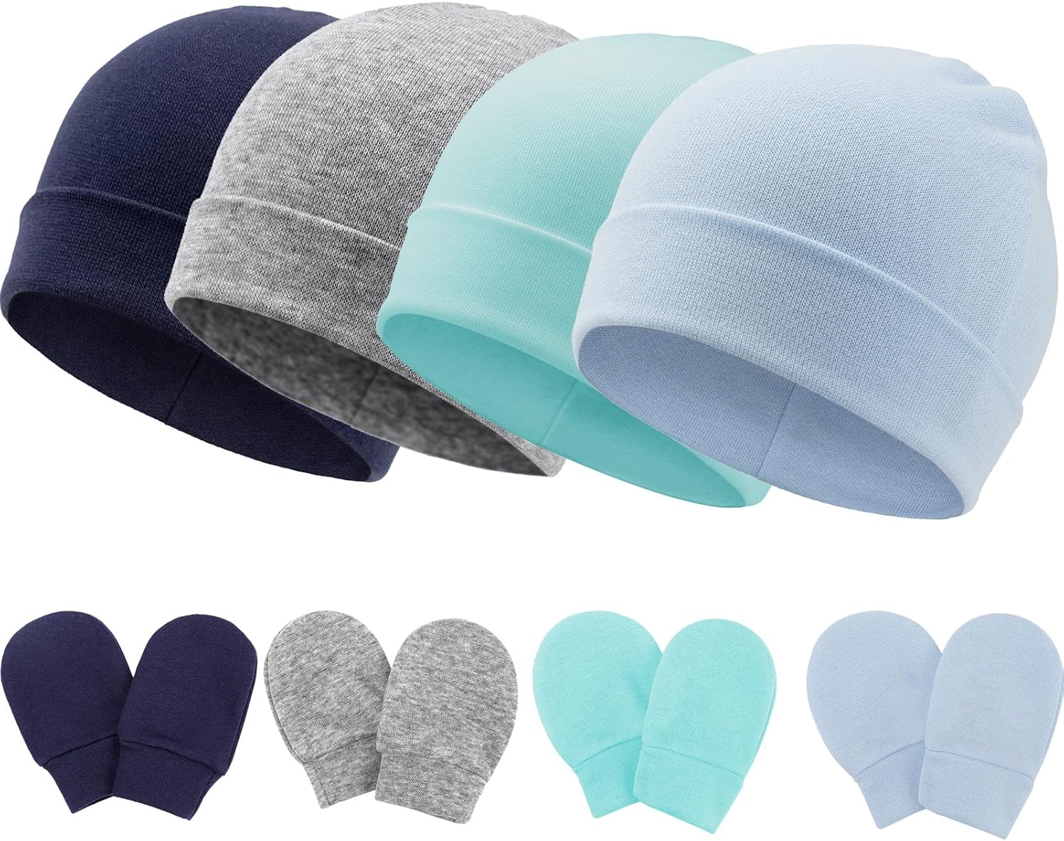 Detalle de DRESHOW Newborn Beanie Hat & Gloves Set for 0–6 Months: 8‑Piece Cotton Essentials