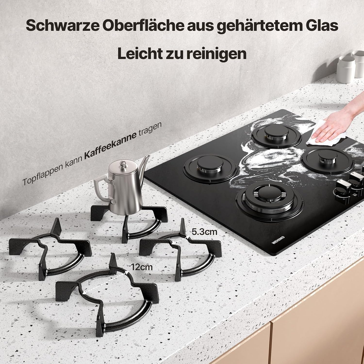 Detalle de WEHIMO Gas-Kochfeld 4 Flammig aus Glas, Einbau 59 cm – 4 Zonen, 7800 W