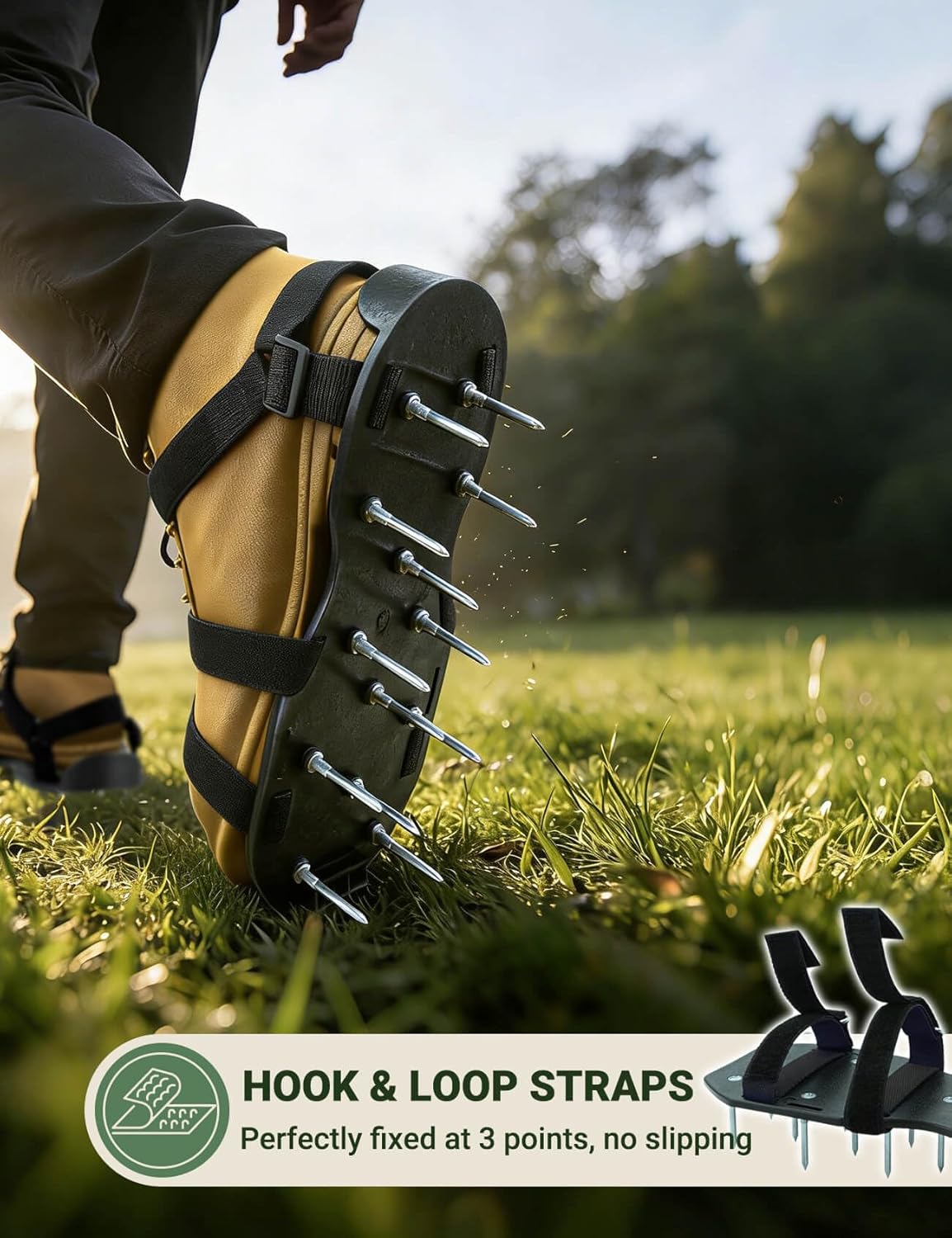 Detalle de Lawn Aerator Shoes for Grass — Pre-Assembled, Heavy-Duty Spiked Sandals with Dual-Strap Fit