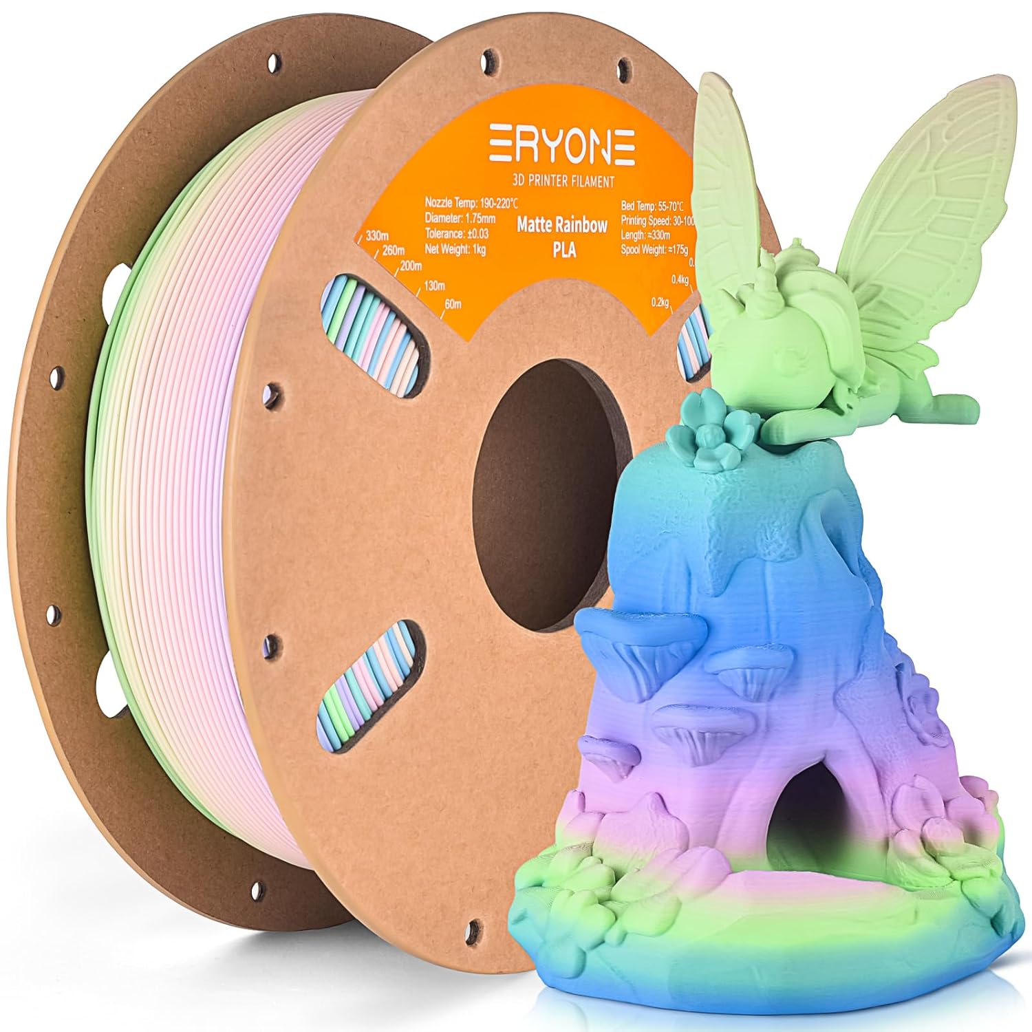 ERYONE Matte PLA Filament 1.75mm (Rainbow Watercolor, 1kg spool) for FDM 3D printing