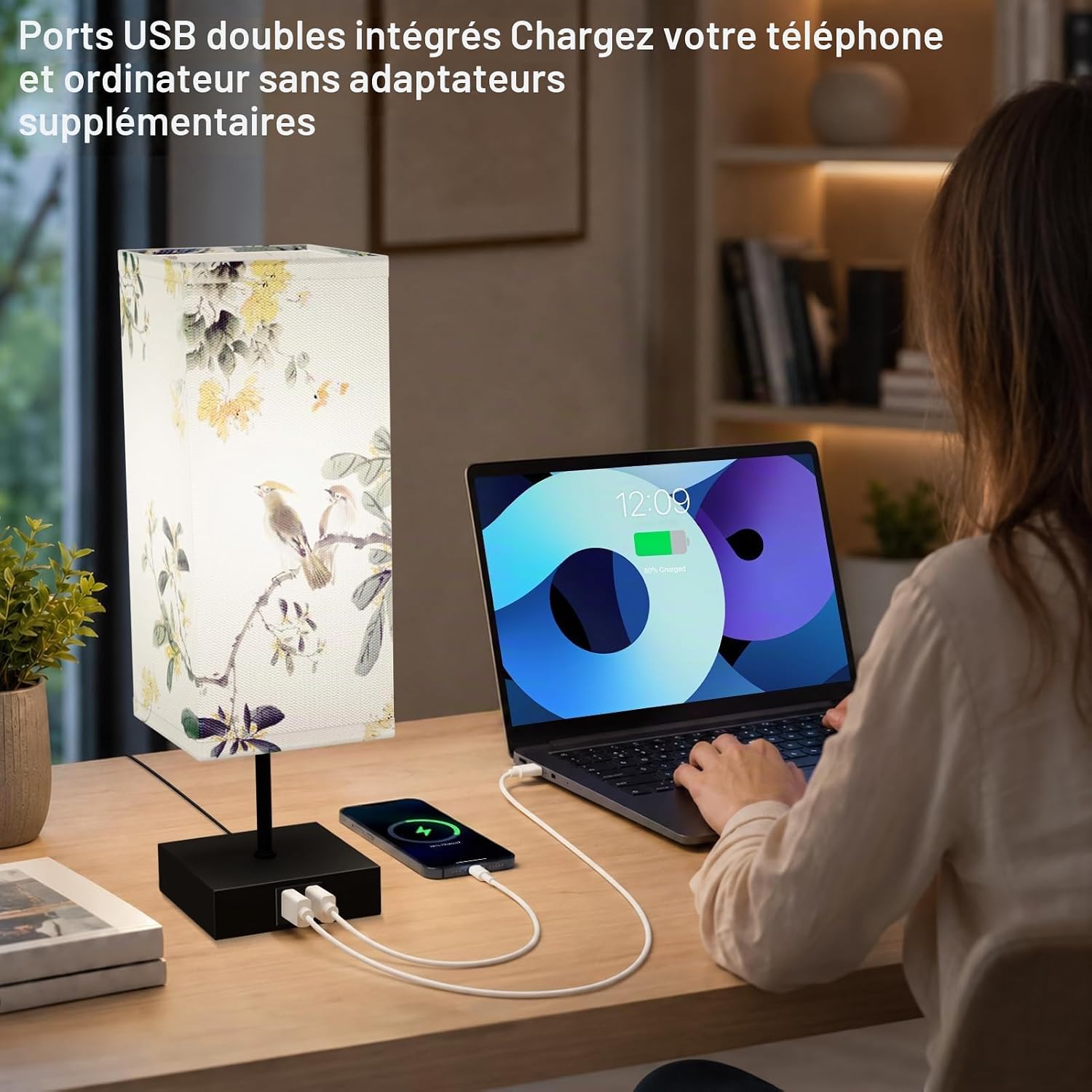 Detalle de Yeeklab lampe chevet tafellamp met touchscreen, 2 USB-poorten en 3 lichtkleuren