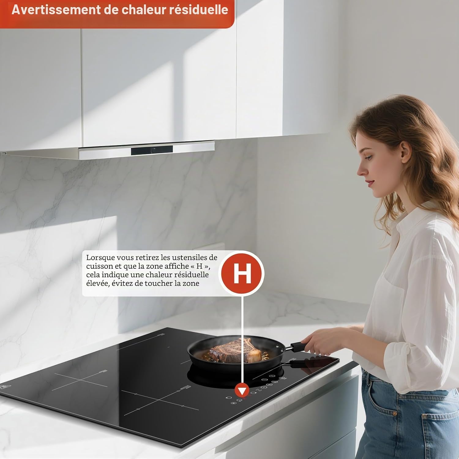 Detalle de KICHPOWER Plaque Induction 4 Feux avec Zone Flexible 60 cm – 6000 W, Commande Tactile