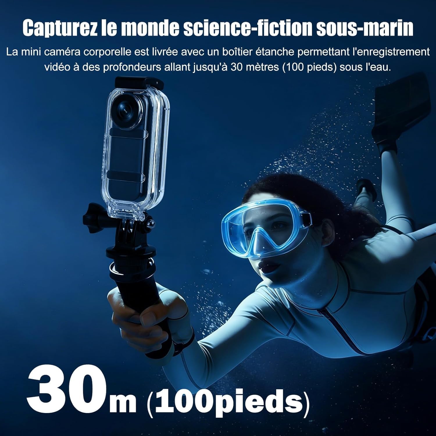 Detalle de Hiwoor Aktionskamera 360° — écran tactile, objectif rotatif 180°, grand angle 120°, étanche 30 m, kit 64 Go