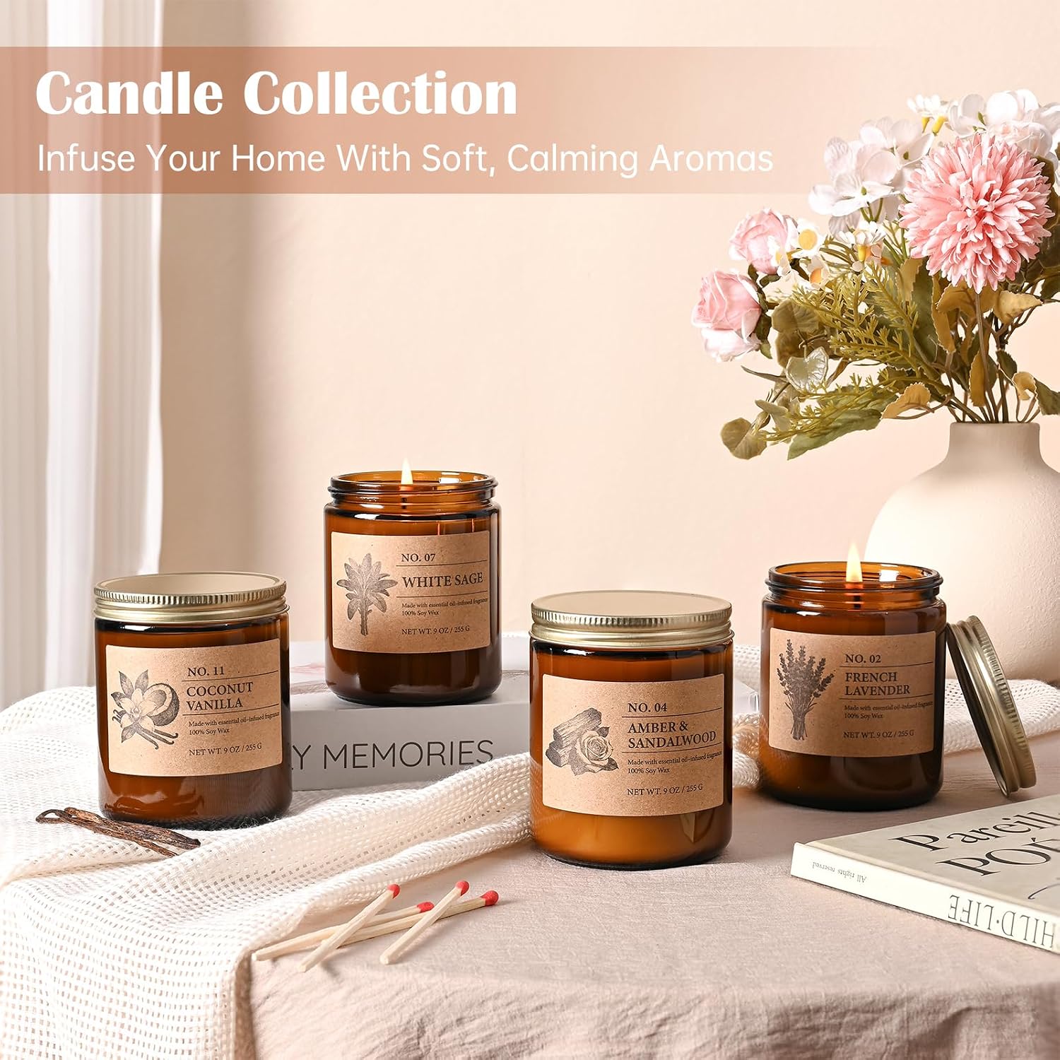 Detalle 2 de Scented Candles for Women – Large 36 oz 4-Pack Gift Set (Lavender, Amber & Sandalwood, White Sage, Coconut Vanilla)