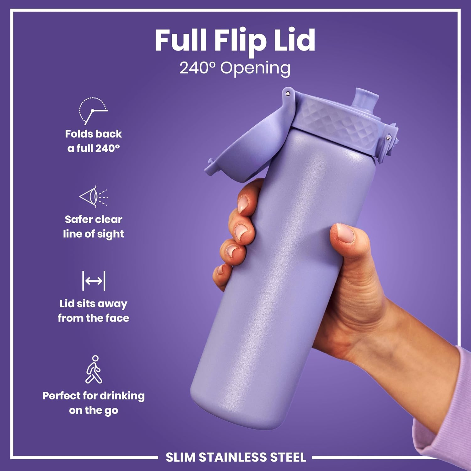 Detalle 2 de Ion8 Lightweight Steel Water Bottle 600 ml / 20 oz – Non-Insulated, Leak-Proof & Dishwasher Safe (Light Purple)