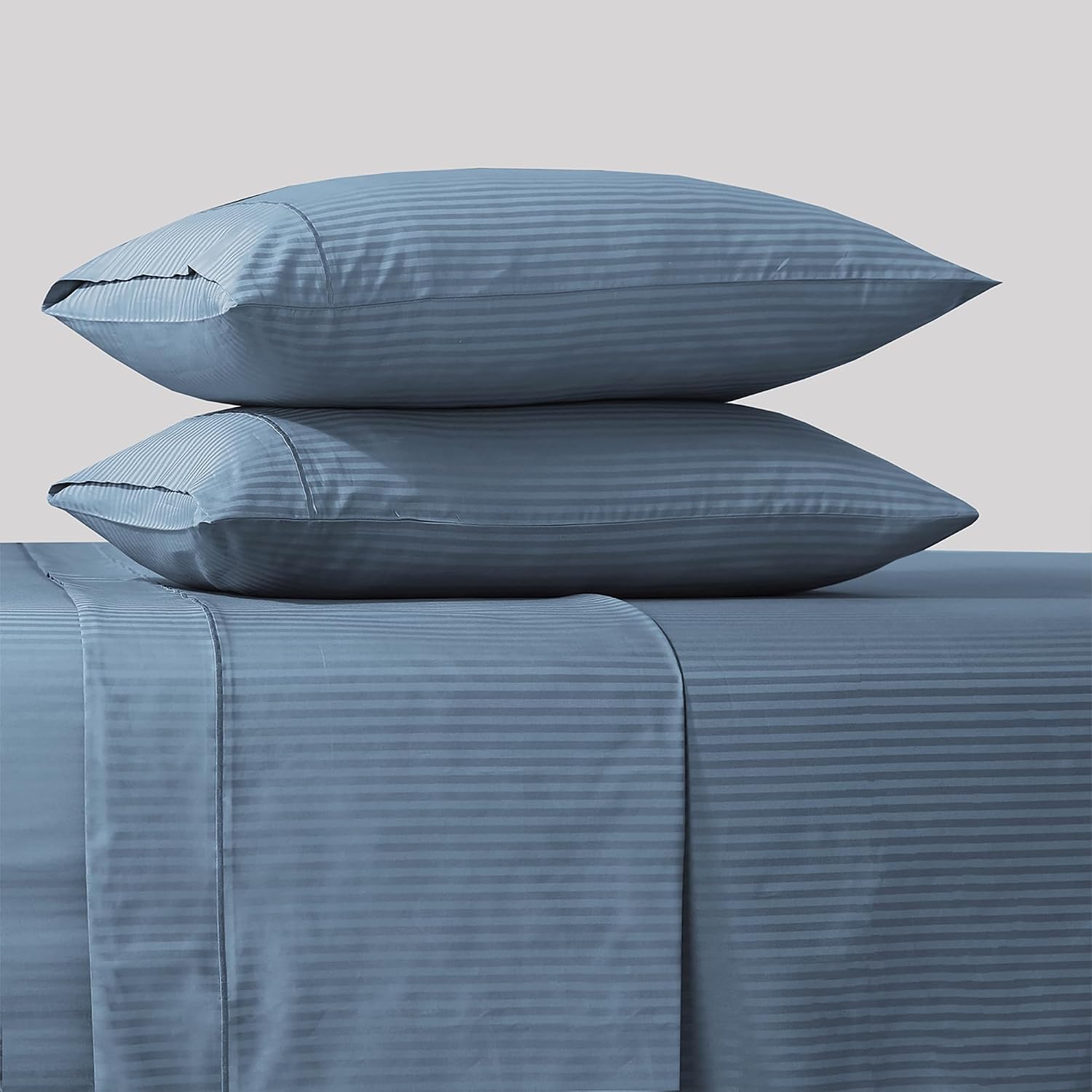 Detalle de Feather & Stitch 500 TC Queen Cotton Sateen Sheet Set, Blue Stripe