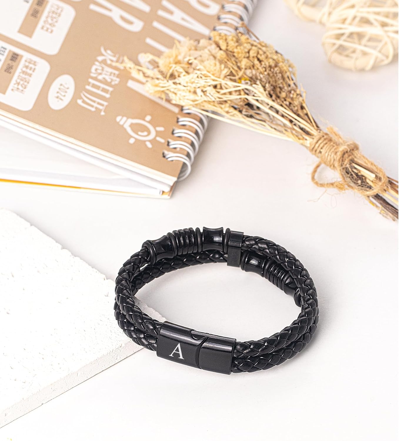 Detalle de TOLOWOBK Mens Leather Bracelet with Initial A–Z – Black Braided Double Layer, Hypoallergenic Magnetic Clasp