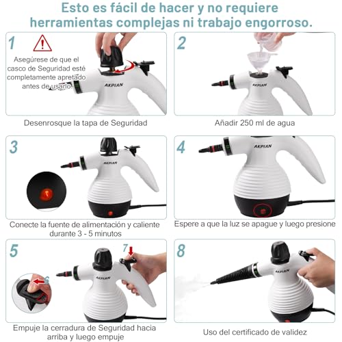 Thumbnail 5 de AKPIAN Limpiador a Vapor Portátil con 10 Accesorios | Limpia sin químicos en cocinas, cortinas, sofás, baldosas y baños