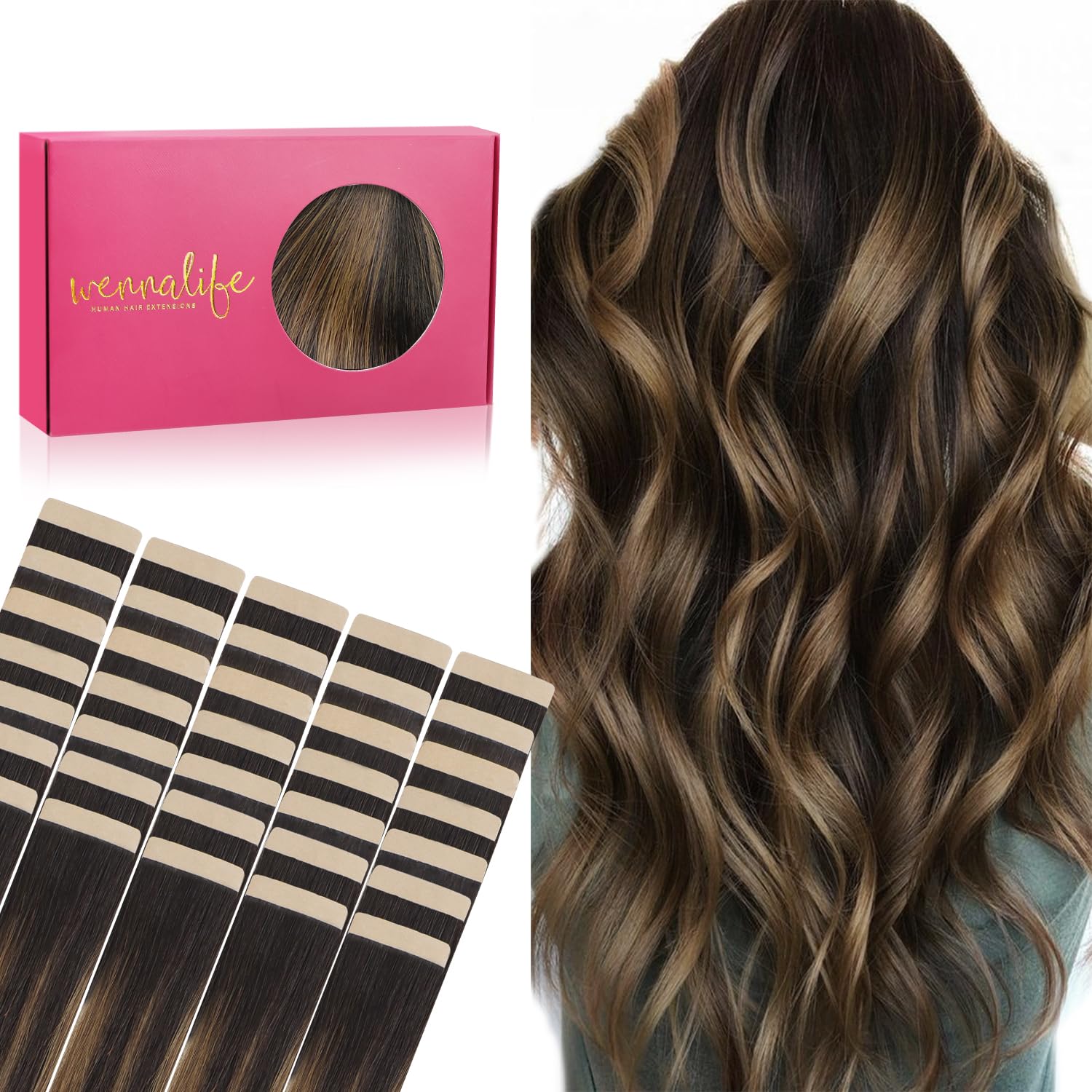 Detalle de WENNALIFE Tape-In Hair Extensions Human Hair, 40 pcs, 100g, 20 inch Balayage Dark Brown Mixed Chestnut Brown